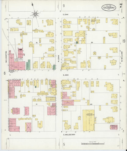 Sanborn Fire Insurance Map from Goldsboro, Wayne County, North Carolina (1908), Sheet #0007 - Complete Map Set gallery image, historic Sanborn map, vintage wall art, North Carolina North Carolina