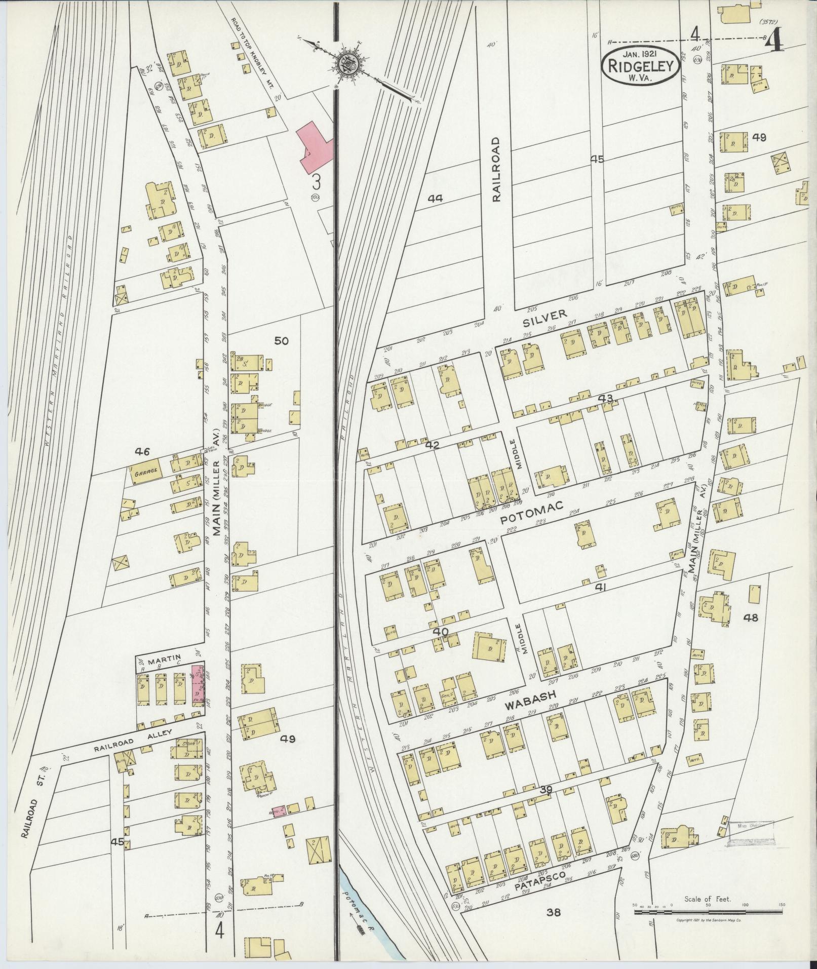 Sanborn Fire Insurance Map from Ridgeley, Mineral County, West Virginia (1921), Sheet #0004 - Complete Map Set gallery image, historic Sanborn map, vintage wall art, West Virginia West Virginia