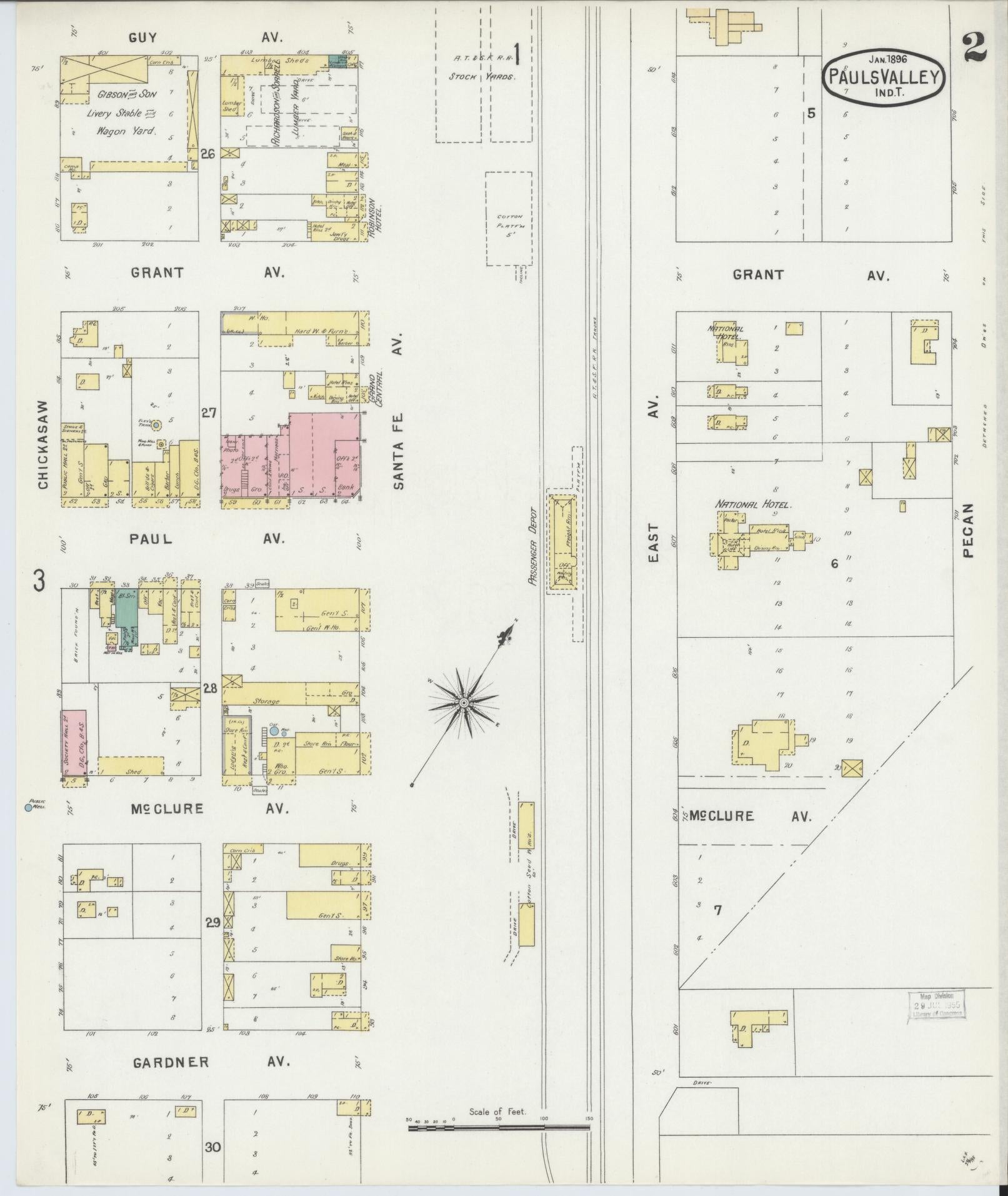 Sanborn Fire Insurance Map from Pauls Valley, Garvin County, Oklahoma (1896), Sheet #0002 - Historic Sanborn Fire Insurance Map Print, vintage old map wall art, antique decor, genealogy gift, Oklahoma Oklahoma map