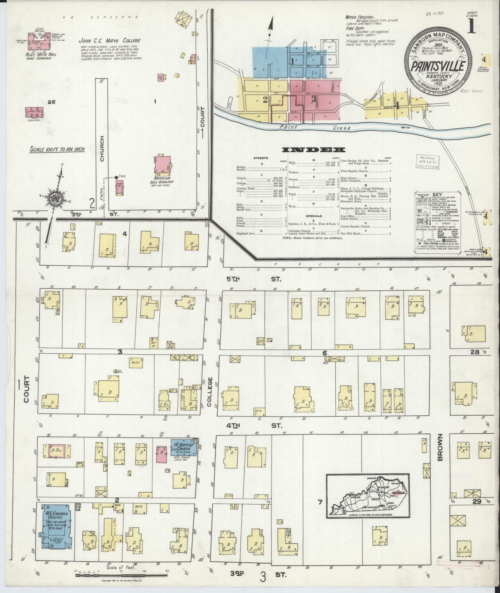 Sanborn Fire Insurance Map from Paintsville, Johnson County, Kentucky (1921), Sheet #0001 - Complete Map Set gallery image, historic Sanborn map, vintage wall art, Kentucky Kentucky
