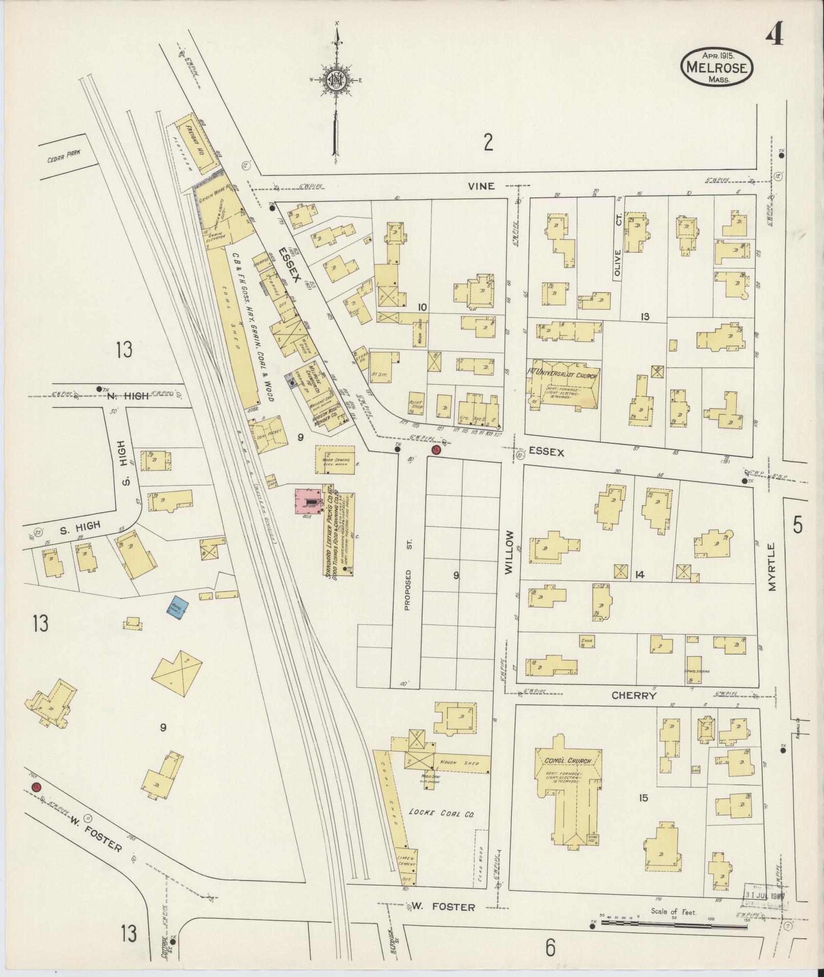 Sanborn Fire Insurance Map from Melrose, Middlesex County, Massachusetts (1915), Sheet #0004 - Historic Sanborn Fire Insurance Map Print, vintage old map wall art, antique decor, genealogy gift, Massachusetts Massachusetts map