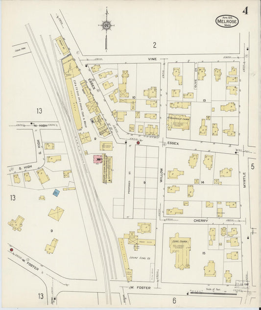 Sanborn Fire Insurance Map from Melrose, Middlesex County, Massachusetts (1915), Sheet #0004 - Historic Sanborn Fire Insurance Map Print, vintage old map wall art, antique decor, genealogy gift, Massachusetts Massachusetts map