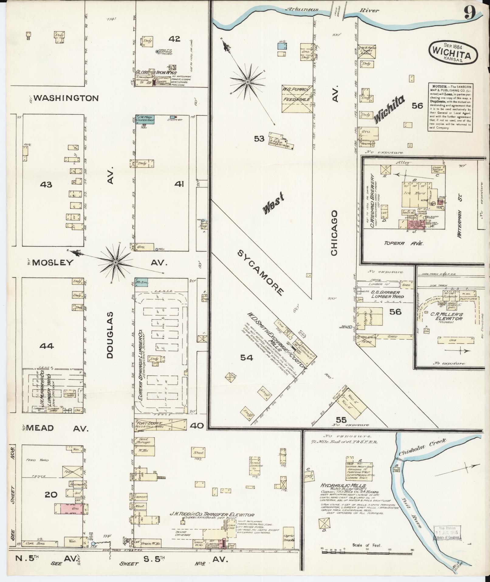 Sanborn Fire Insurance Map from Wichita, Sedgwick County, Kansas (1884), Sheet #0009 - Complete Map Set gallery image, historic Sanborn map, vintage wall art, Kansas Kansas