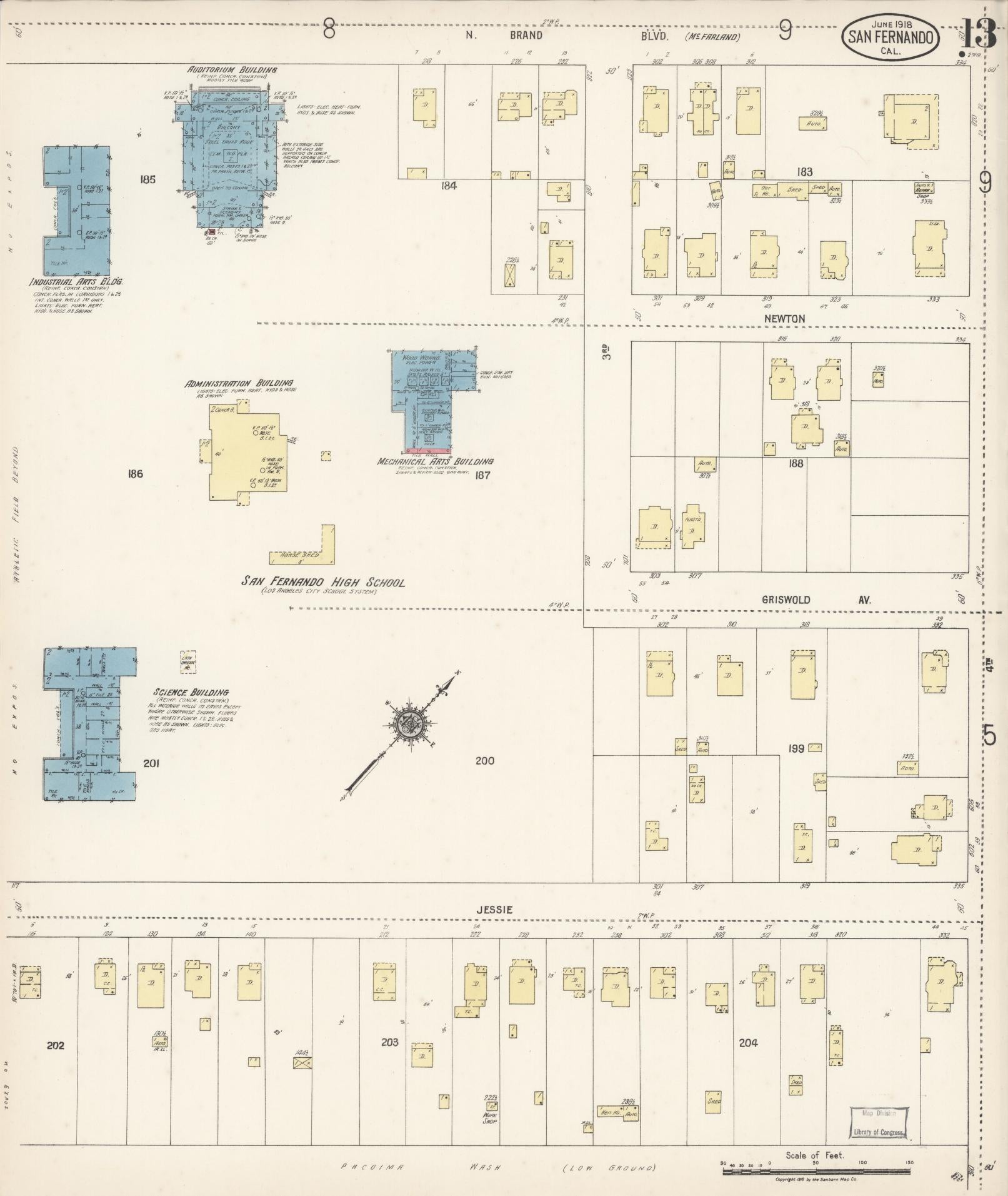 Sanborn Fire Insurance Map from San Fernando, Los Angeles County, California (1918), Sheet #0013 - Complete Map Set gallery image, historic Sanborn map, vintage wall art, California California