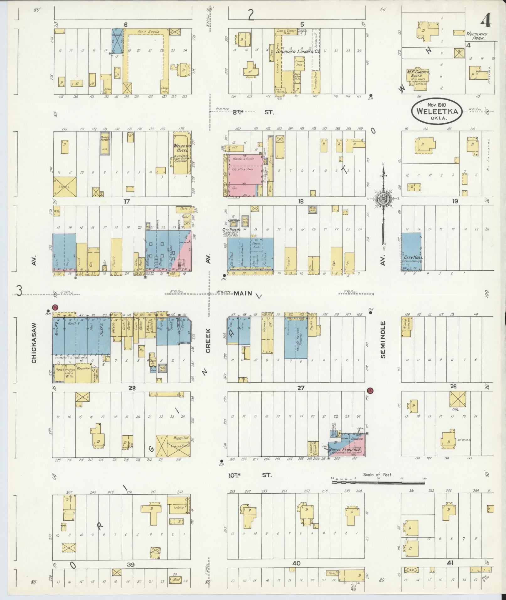 Sanborn Fire Insurance Map from Weleetka, Okfuskee County, Oklahoma (1910), Sheet #0004 - Complete Map Set gallery image, historic Sanborn map, vintage wall art, Oklahoma Oklahoma