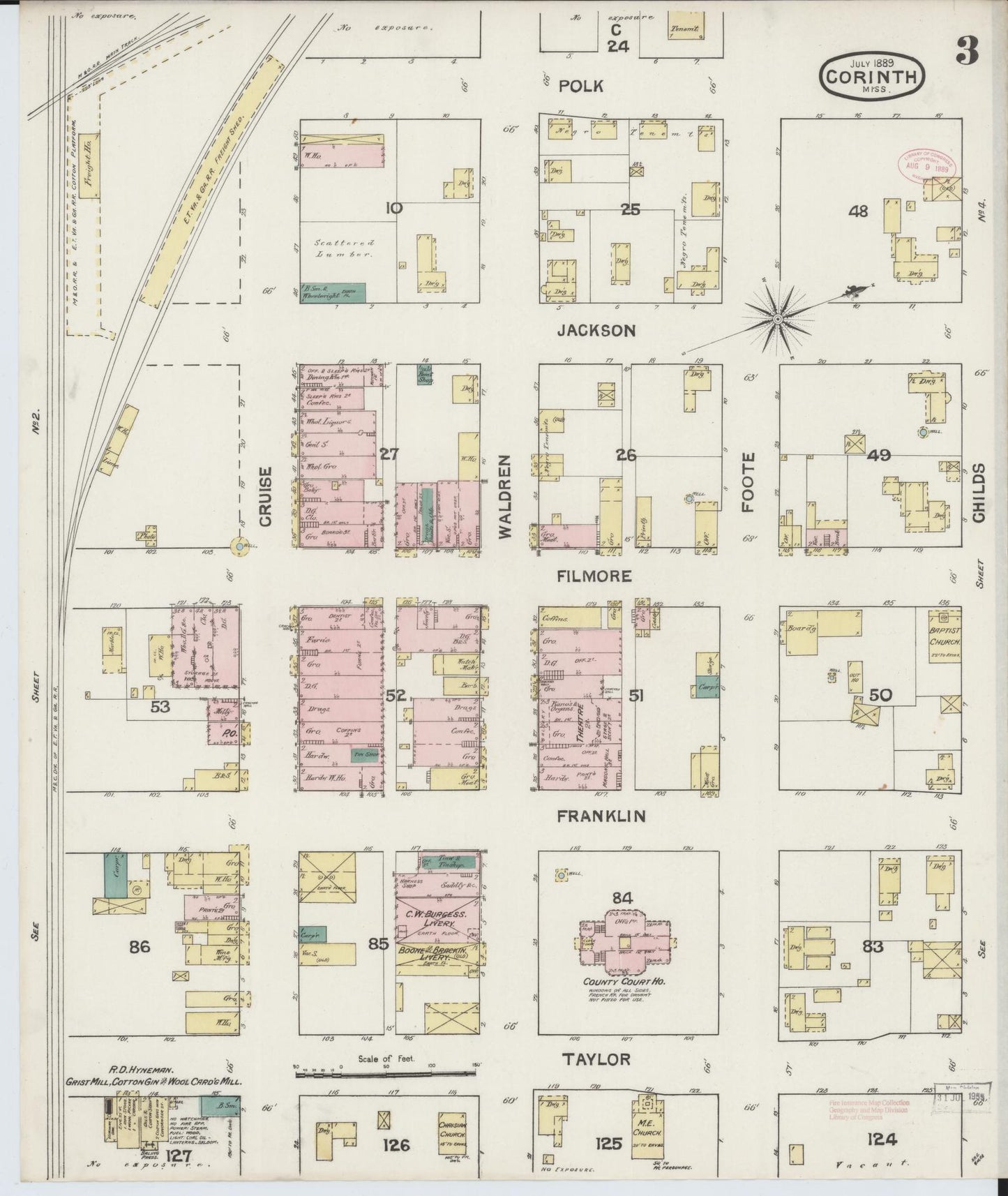 Sanborn Fire Insurance Map from Corinth, Alcorn County, Mississippi (1889), Sheet #0003 - Complete Map Set gallery image, historic Sanborn map, vintage wall art, Mississippi Mississippi