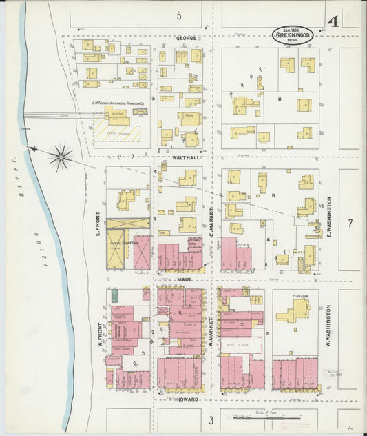 Sanborn Fire Insurance Map from Greenwood, Leflore County, Mississippi (1905), Sheet #0004 - Historic Sanborn Fire Insurance Map Print, vintage old map wall art, antique decor, genealogy gift, Mississippi Mississippi map