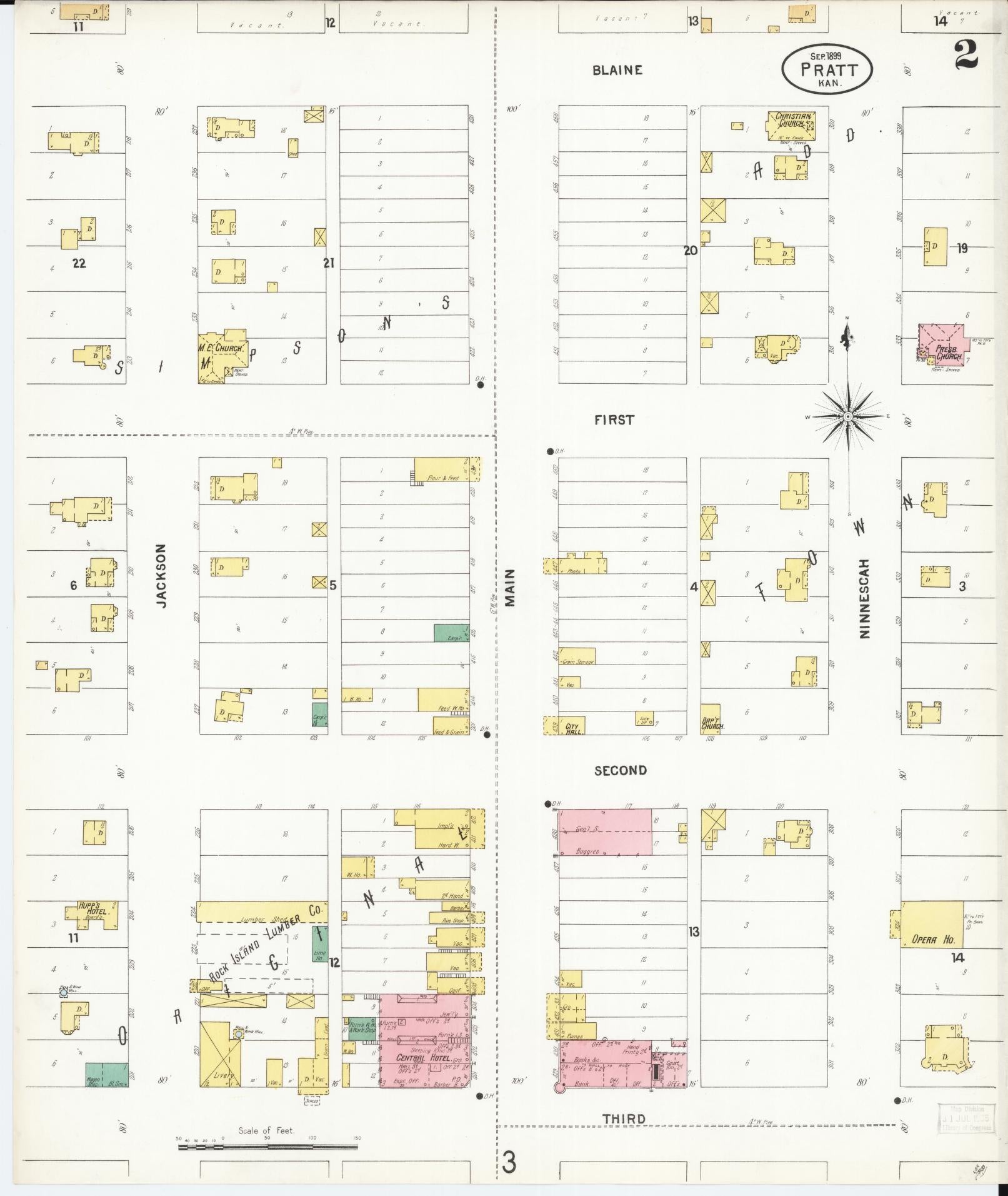 Sanborn Fire Insurance Map from Pratt, Pratt County, Kansas (1899), Sheet #0002 - Historic Sanborn Fire Insurance Map Print, vintage old map wall art, antique decor, genealogy gift, Kansas Kansas map