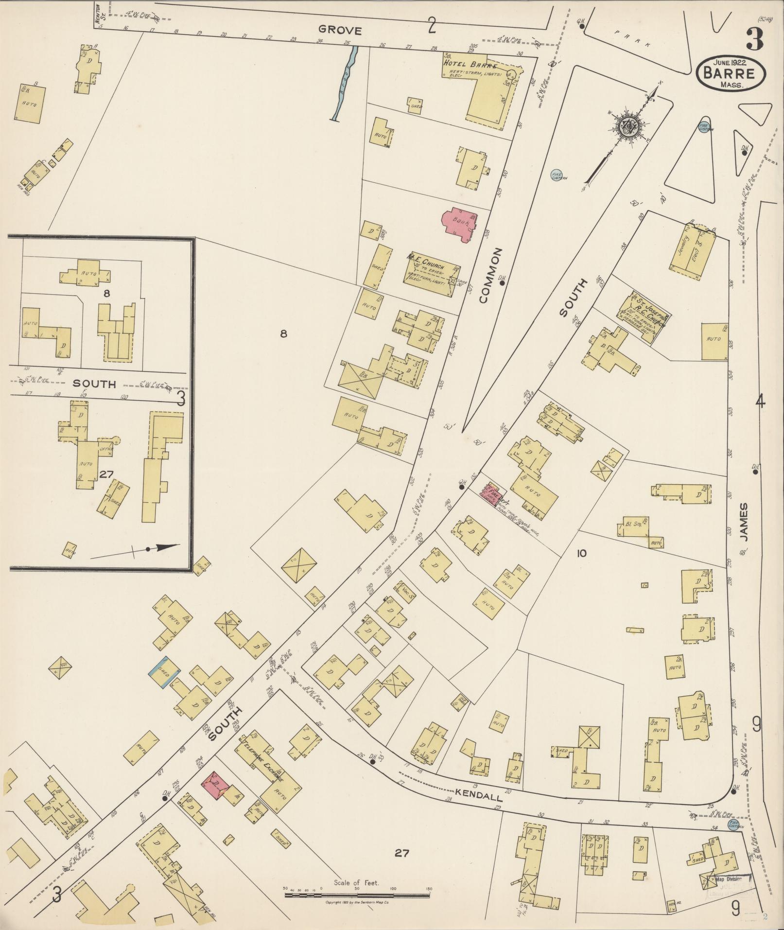 Sanborn Fire Insurance Map from Barre, Worcester County, Massachusetts (1922), Sheet #0003 - Complete Map Set gallery image, historic Sanborn map, vintage wall art, Massachusetts Massachusetts
