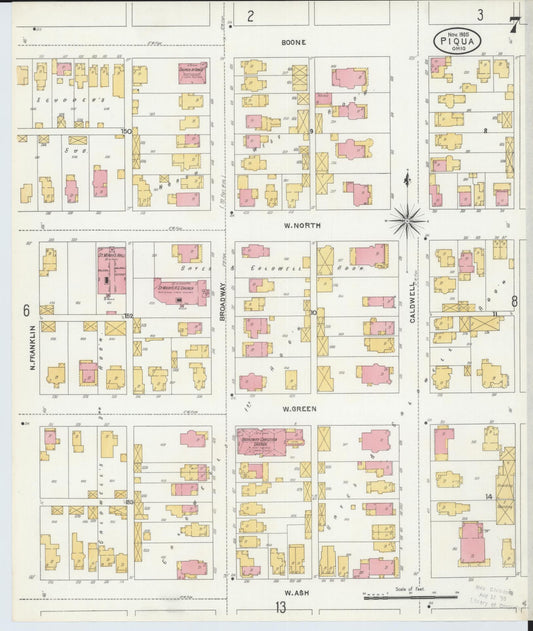 Sanborn Fire Insurance Map from Piqua, Miami County, Ohio (1905), Sheet #0007 - Historic Sanborn Fire Insurance Map Print, vintage old map wall art, antique decor, genealogy gift, Ohio Ohio map