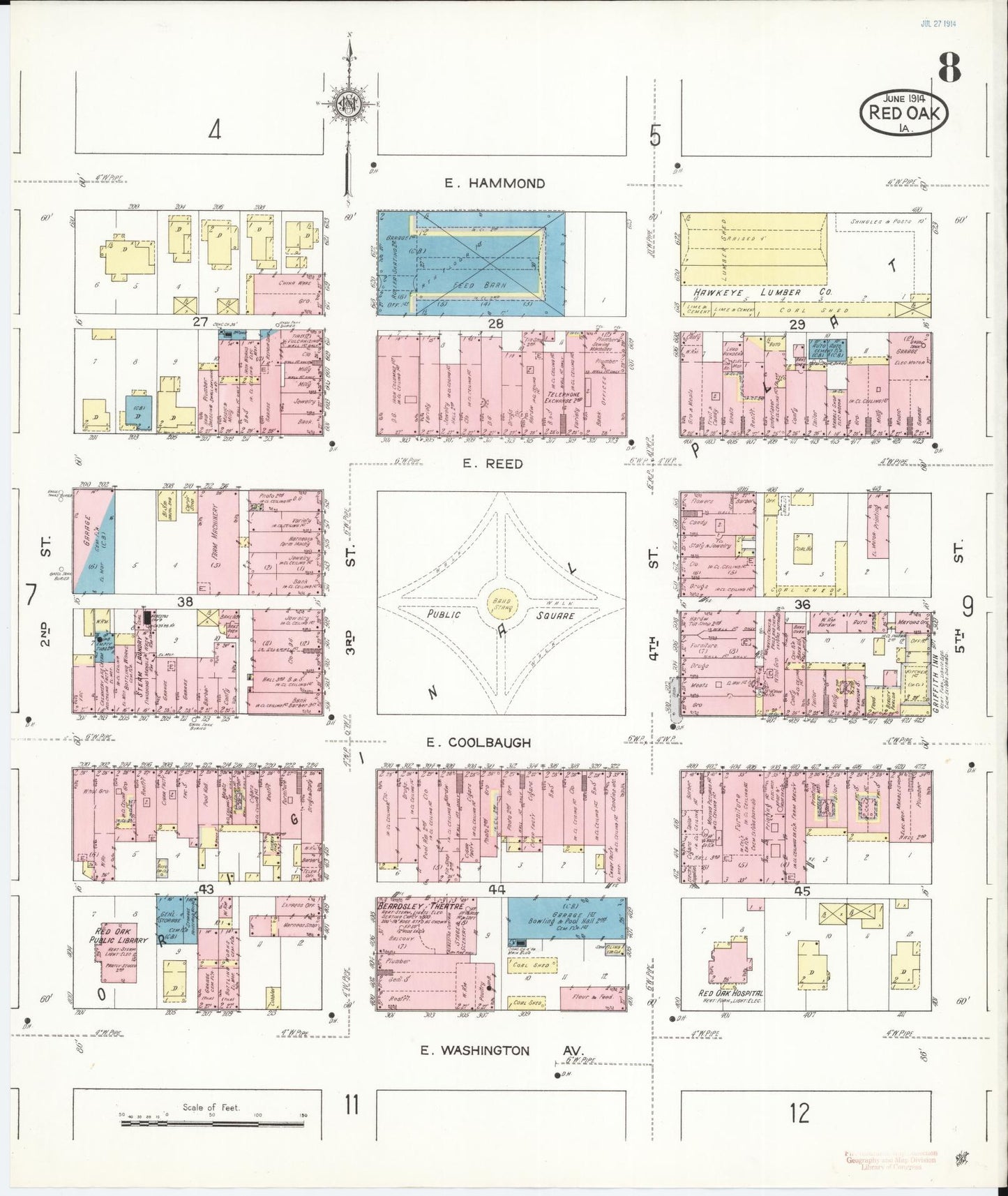 Sanborn Fire Insurance Map from Red Oak, Montgomery County, Iowa (1914), Sheet #0008 - Historic Sanborn Fire Insurance Map Print, vintage old map wall art