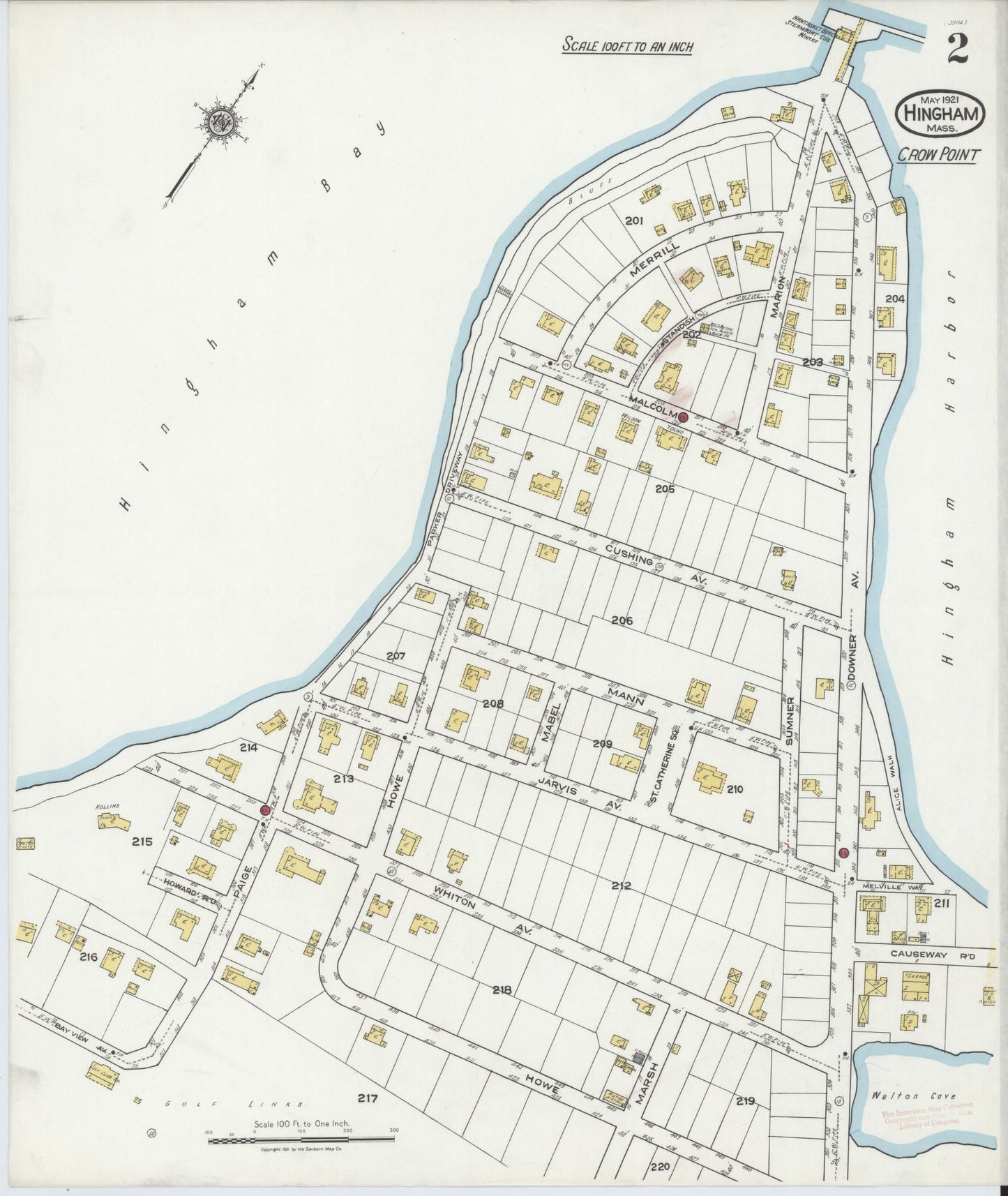 Sanborn Fire Insurance Map from Hingham, Plymouth County, Massachusetts (1921), Sheet #0002 - Complete Map Set gallery image, historic Sanborn map, vintage wall art, Massachusetts Massachusetts