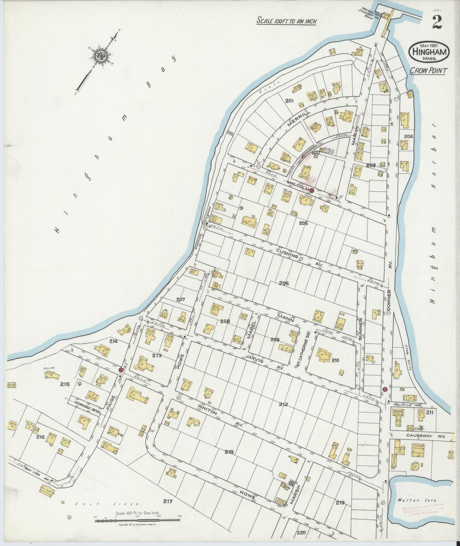 Sanborn Fire Insurance Map from Hingham, Plymouth County, Massachusetts (1921), Sheet #0002 - Complete Map Set gallery image, historic Sanborn map, vintage wall art, Massachusetts Massachusetts