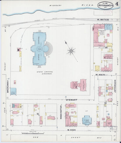 Sanborn Fire Insurance Map from Jefferson City, Cole County, Missouri (1892), Sheet #0004 - Historic Sanborn Fire Insurance Map Print, vintage old map wall art, antique decor, genealogy gift, Missouri Missouri map