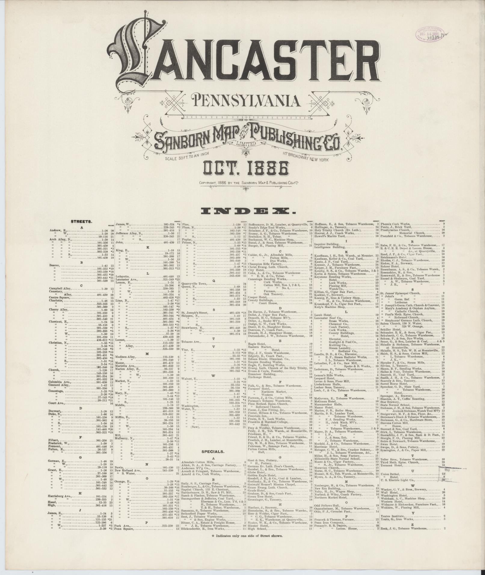 Sanborn Fire Insurance Map from Lancaster, Lancaster County, Pennsylvania. (1888) – Historic Sanborn Fire Insurance Map Print
