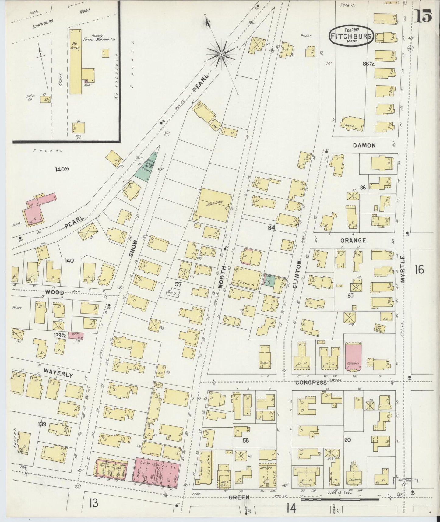 Sanborn Fire Insurance Map from Fitchburg, Worcester County, Massachusetts (1897), Sheet #0015 - Complete Map Set gallery image, historic Sanborn map, vintage wall art, Massachusetts Massachusetts