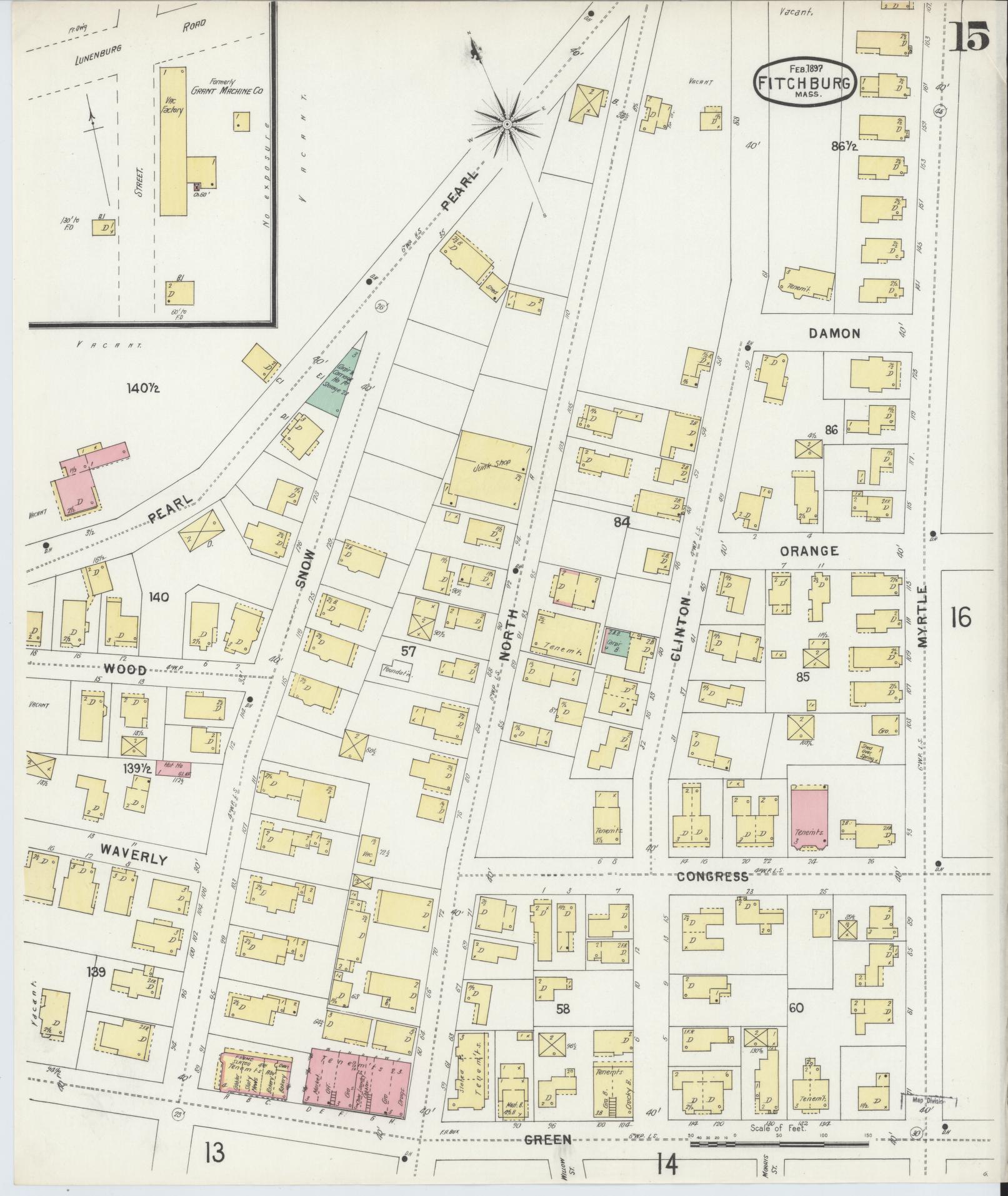 Sanborn Fire Insurance Map from Fitchburg, Worcester County, Massachusetts (1897), Sheet #0015 - Complete Map Set gallery image, historic Sanborn map, vintage wall art, Massachusetts Massachusetts