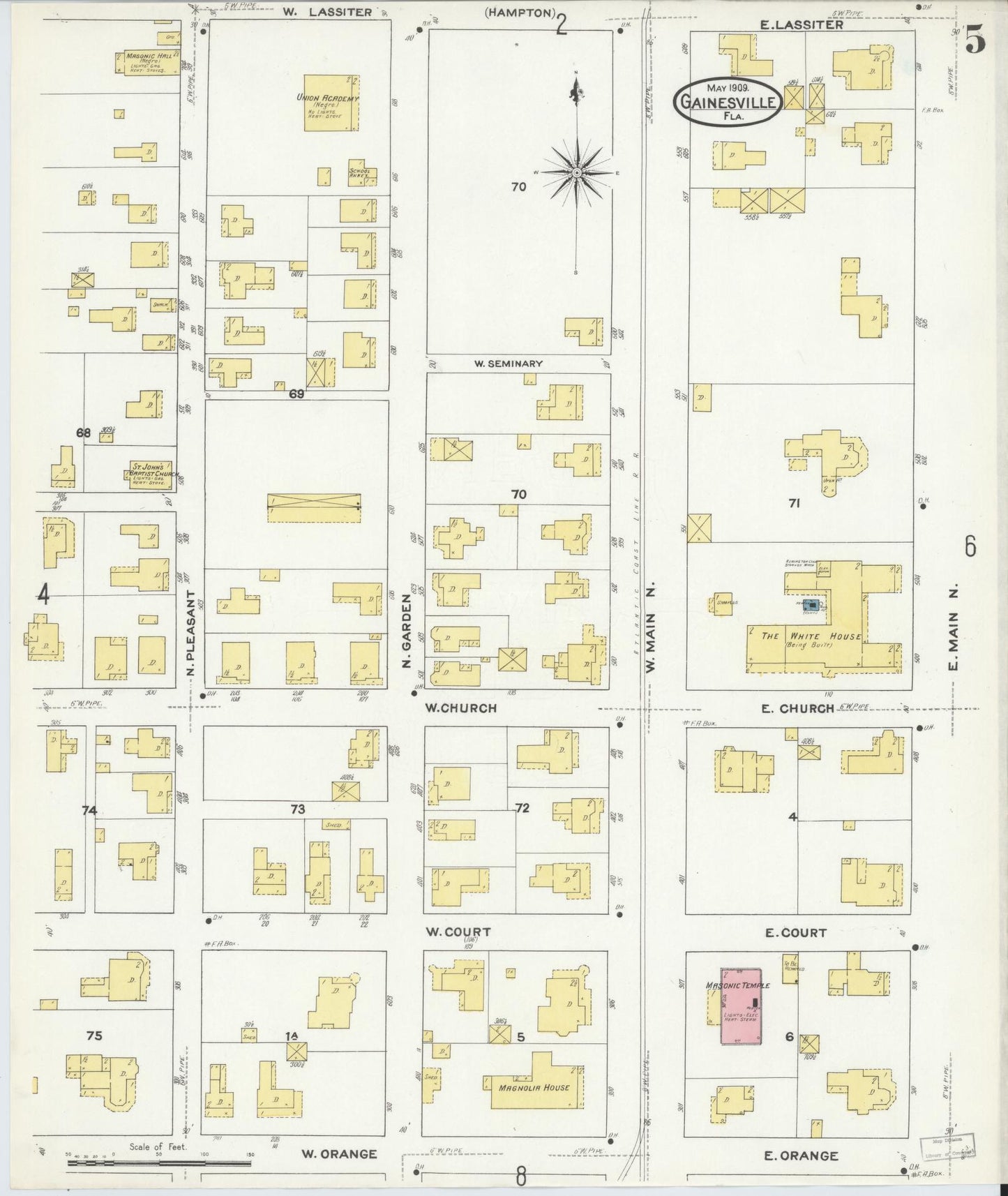 Sanborn Fire Insurance Map from Gainesville, Alachua County, Florida (1909), Sheet #0005 - Historic Sanborn Fire Insurance Map Print, vintage old map wall art, antique decor, genealogy gift, Florida Florida map
