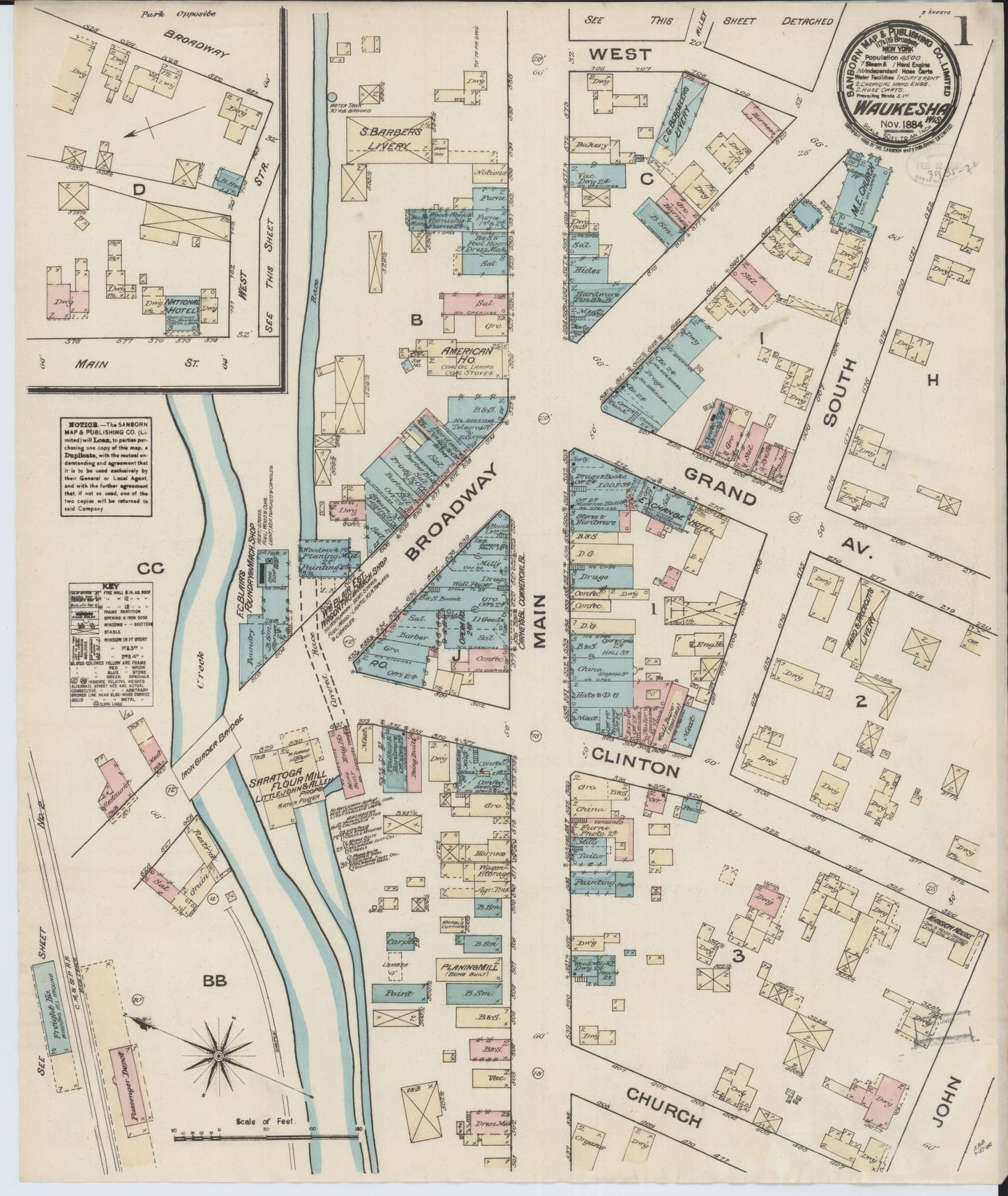 Sanborn Fire Insurance Map from Waukesha, Waukesha County, Wisconsin (1884), Sheet #0001 - Complete Map Set gallery image, historic Sanborn map, vintage wall art, Wisconsin Wisconsin
