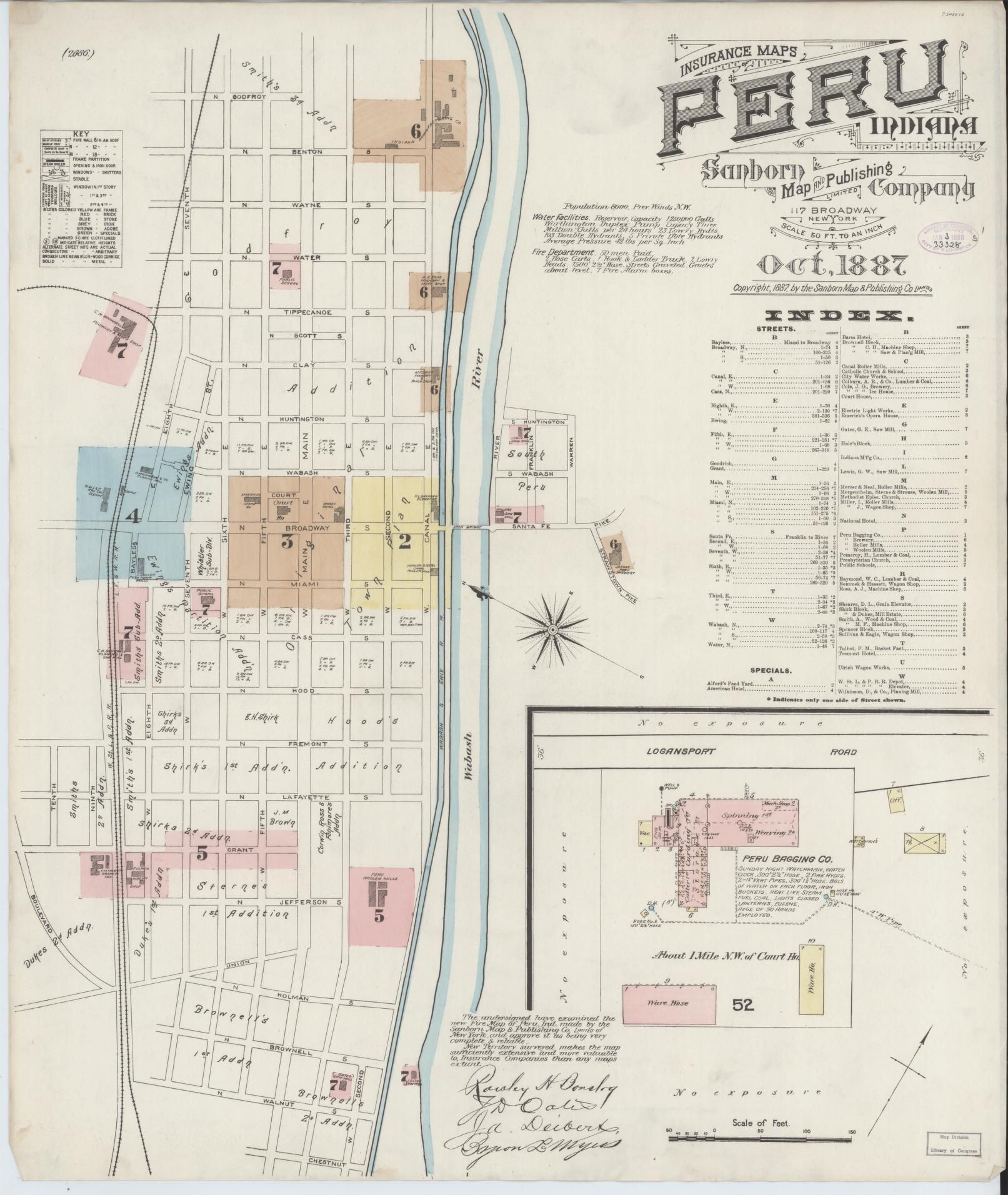Sanborn Fire Insurance Map from Peru, Miami County, Indiana (1887), Sheet #0001 - Historic Sanborn Fire Insurance Map Print, vintage old map wall art, antique decor, genealogy gift, Indiana Indiana map