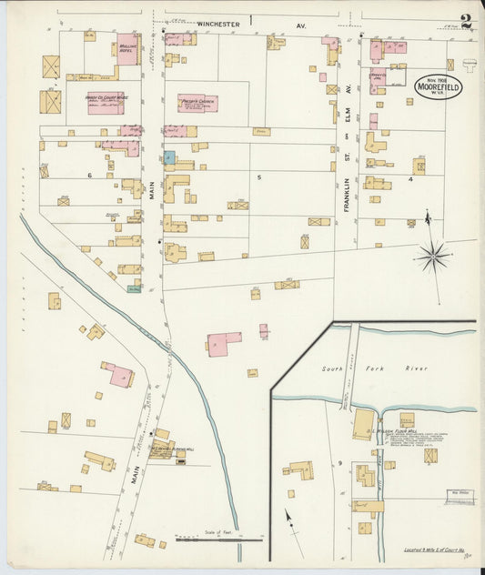 Sanborn Fire Insurance Map from Moorefield, Hardy County, West Virginia (1908), Sheet #0002 - Historic Sanborn Fire Insurance Map Print, vintage old map wall art, antique decor, genealogy gift, West Virginia West Virginia map