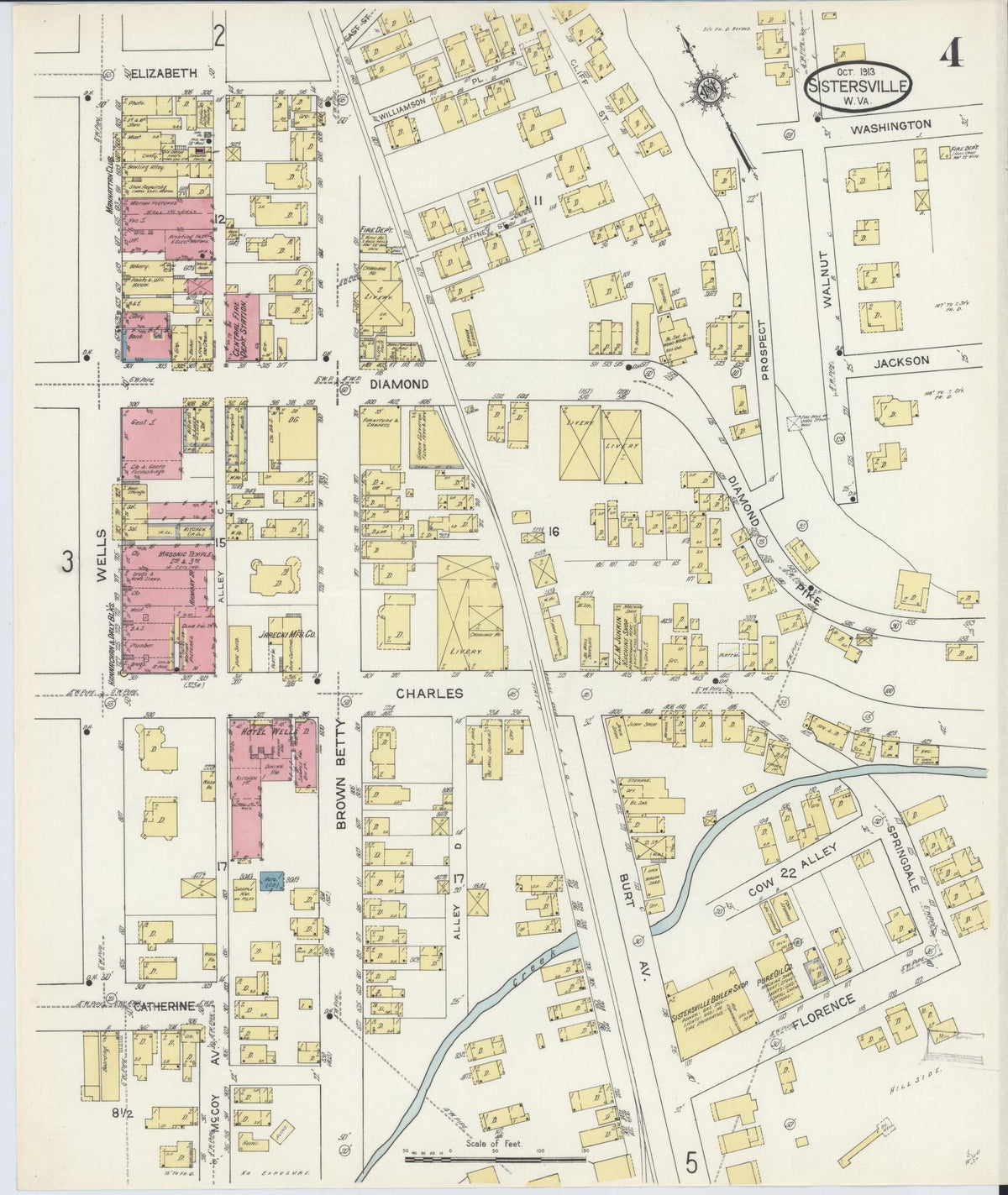 Sanborn Fire Insurance Map from Sistersville, Tyler County, West Virginia (1913), Sheet #0004 - Historic Sanborn Fire Insurance Map Print, vintage old map wall art, antique decor, genealogy gift, West Virginia West Virginia map