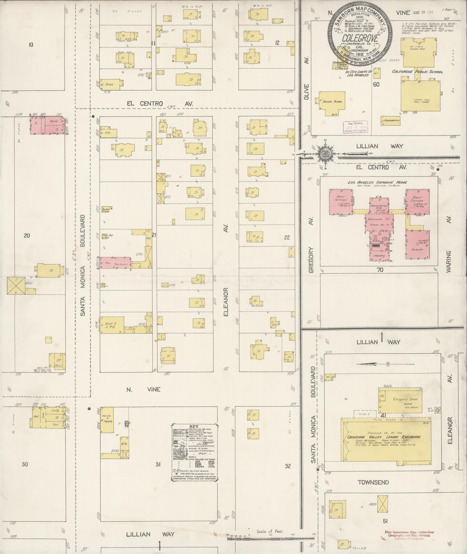 Sanborn Fire Insurance Map from Colegrove, Los Angeles County, California (1912), Sheet #0001 - Historic Sanborn Fire Insurance Map Print, vintage old map wall art, antique decor, genealogy gift, California California map