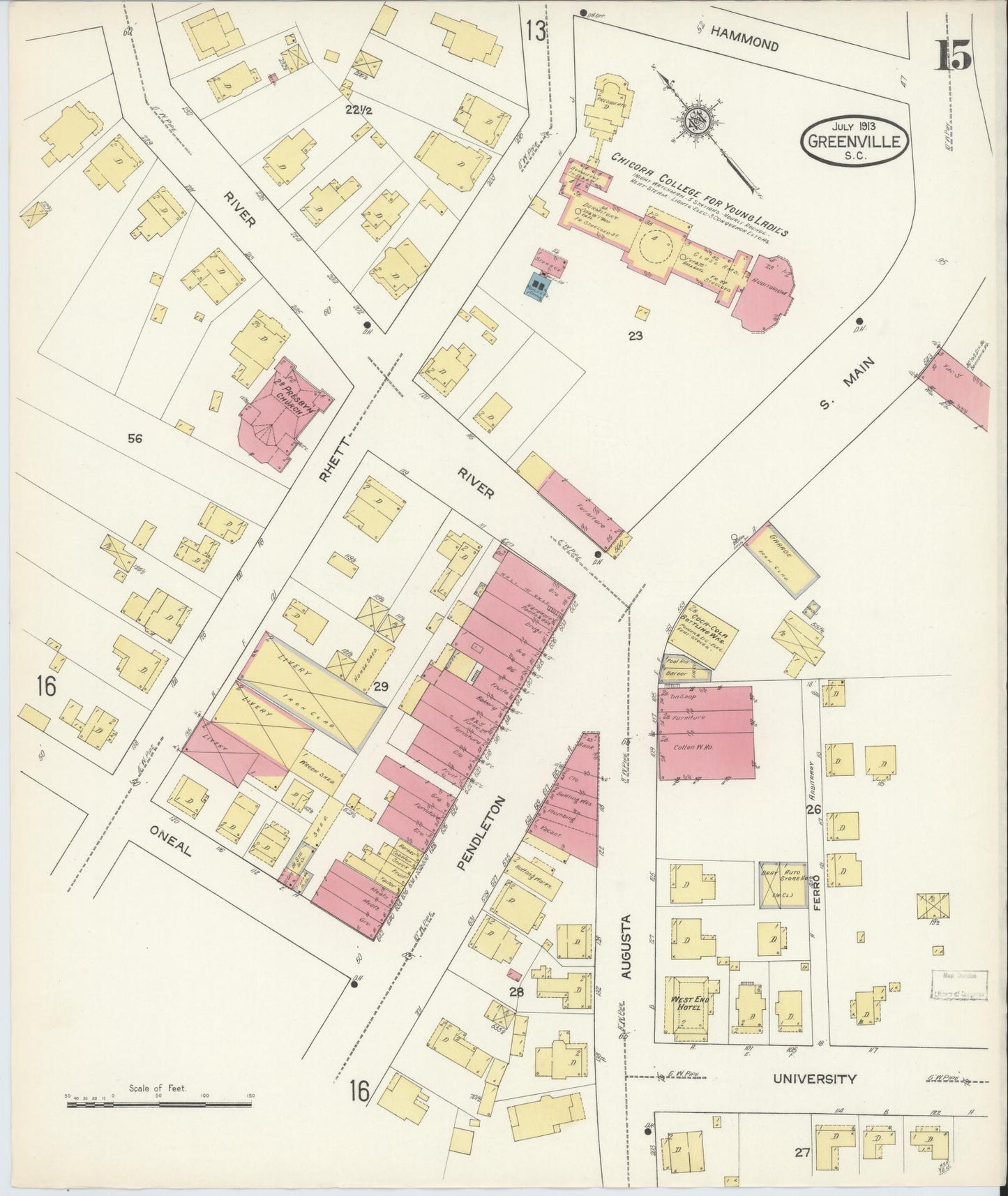 Sanborn Fire Insurance Map from Greenville, Greenville County, South Carolina (1913), Sheet #0015 - Historic Sanborn Fire Insurance Map Print, vintage old map wall art, antique decor, genealogy gift, South Carolina South Carolina map
