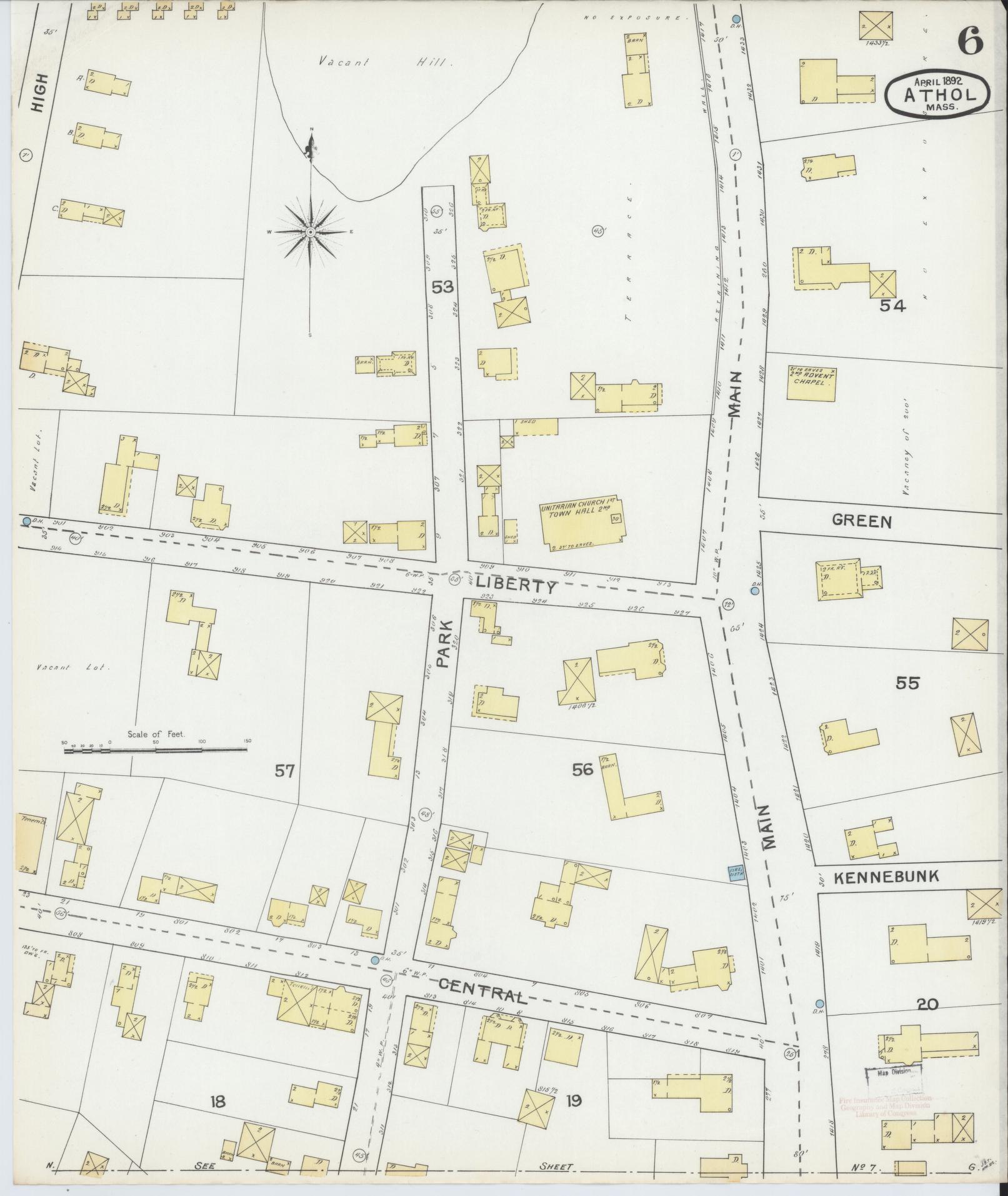 Sanborn Fire Insurance Map from Athol, Worcester County, Massachusetts (1892), Sheet #0006 - Complete Map Set gallery image, historic Sanborn map, vintage wall art, Massachusetts Massachusetts