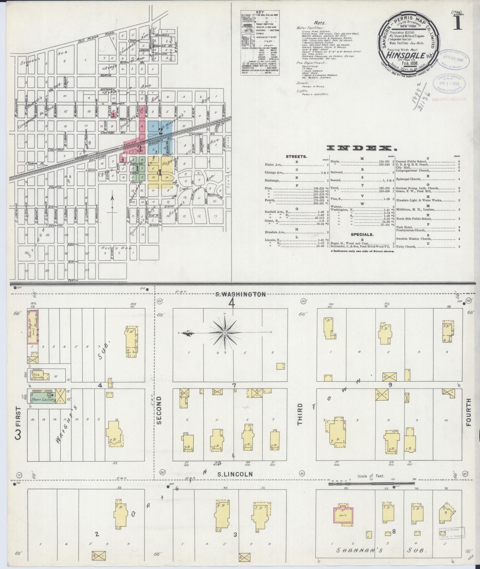 Sanborn Fire Insurance Map from Hinsdale, Du Page And Cook Counties, Illinois (1898), Sheet #0001 - Complete Map Set gallery image, historic Sanborn map, vintage wall art, Illinois Illinois