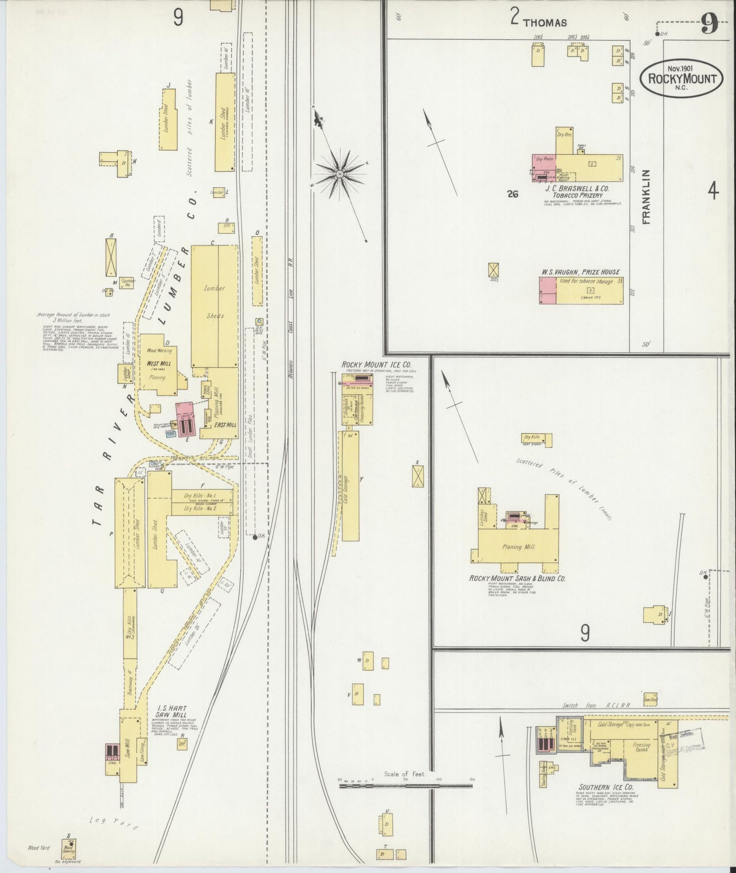 Sanborn Fire Insurance Map from Rocky Mount, Edgecombe And Nash Counties, North Carolina (1901), Sheet #0009 - Complete Map Set gallery image, historic Sanborn map, vintage wall art, North Carolina North Carolina