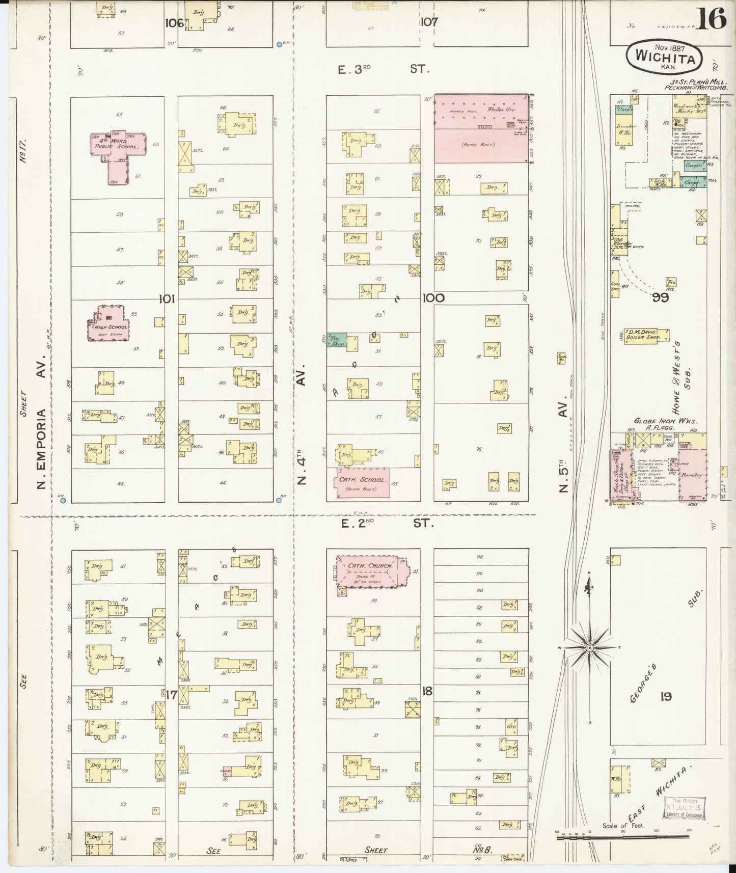 Sanborn Fire Insurance Map from Wichita, Sedgwick County, Kansas (1887), Sheet #0016 - Historic Sanborn Fire Insurance Map Print, vintage old map wall art, antique decor, genealogy gift, Kansas Kansas map