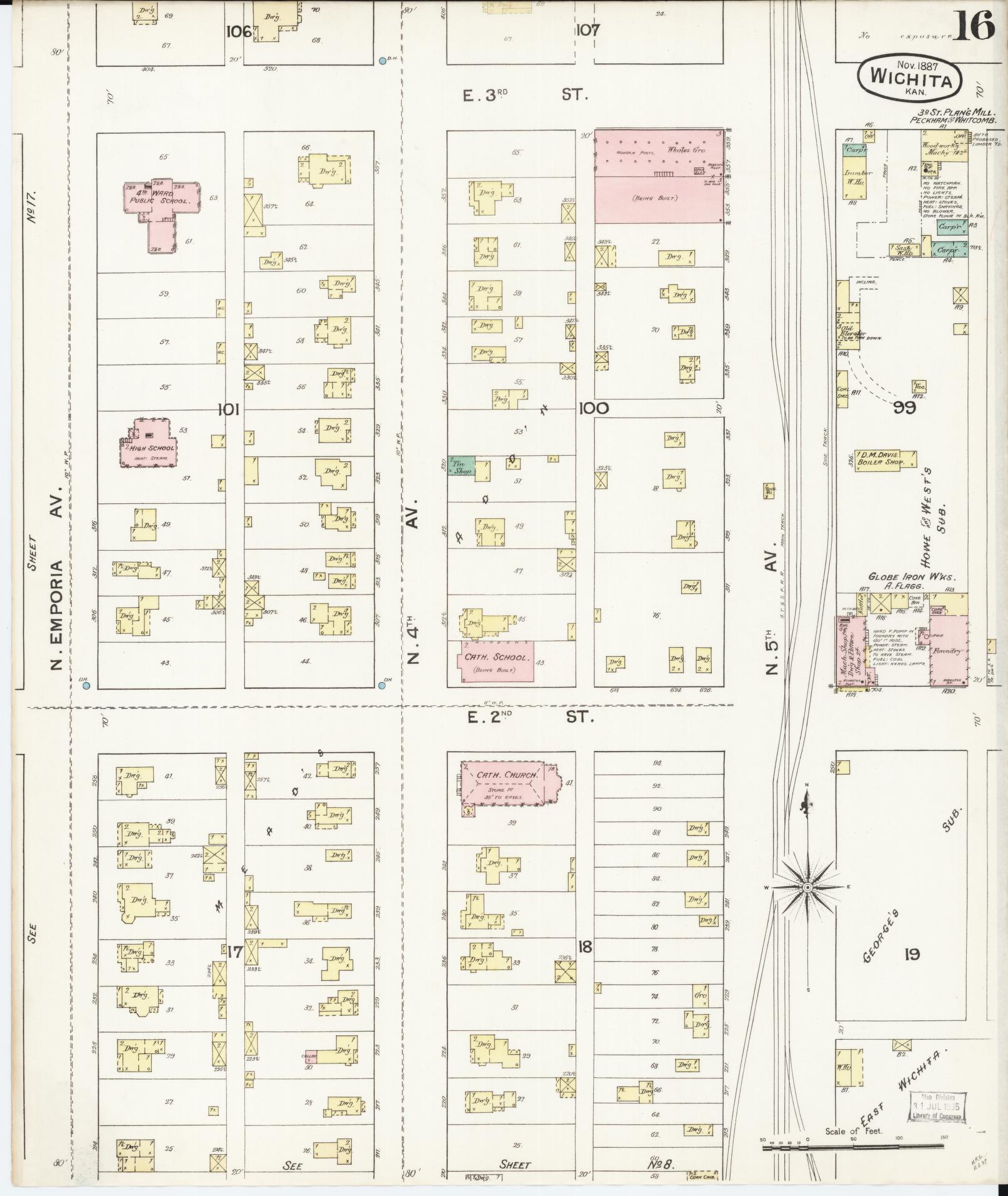 Sanborn Fire Insurance Map from Wichita, Sedgwick County, Kansas (1887), Sheet #0016 - Historic Sanborn Fire Insurance Map Print, vintage old map wall art, antique decor, genealogy gift, Kansas Kansas map