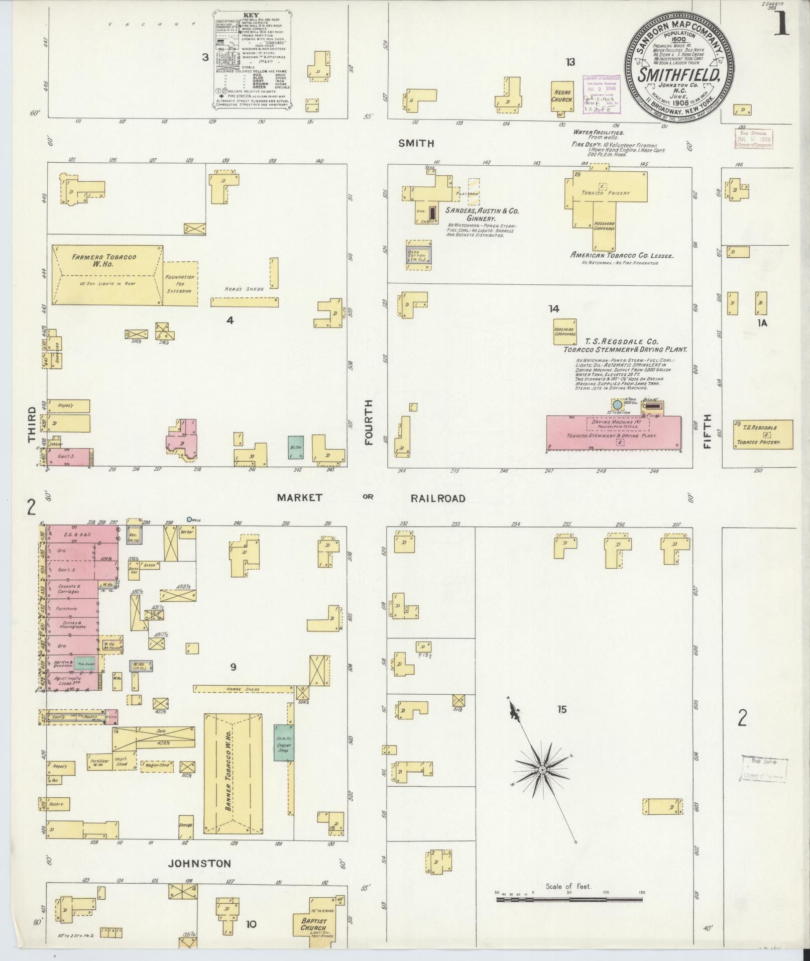Sanborn Fire Insurance Map from Smithfield, Johnston County, North Carolina (1908), Sheet #0001 - Historic Sanborn Fire Insurance Map Print, vintage old map wall art, antique decor, genealogy gift, North Carolina North Carolina map