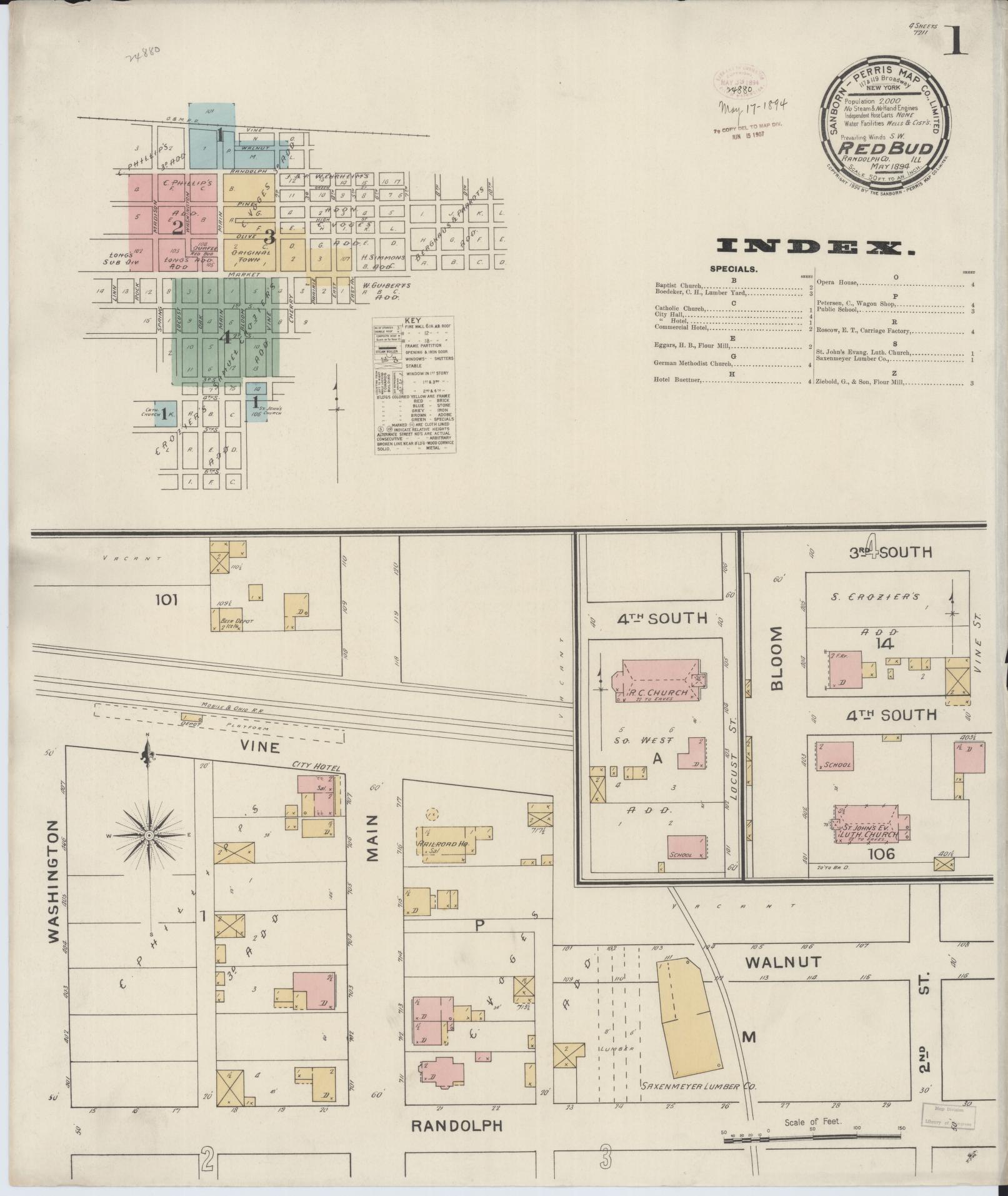 Sanborn Fire Insurance Map from Red Bud, Randolph County, Illinois (1894), Sheet #0001 - Complete Map Set gallery image, historic Sanborn map, vintage wall art, Illinois Illinois