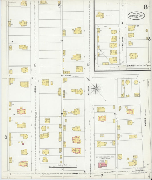 Sanborn Fire Insurance Map from Johnson City, Washington County, Tennessee (1903), Sheet #0008 - Historic Sanborn Fire Insurance Map Print, vintage old map wall art, antique decor, genealogy gift, Tennessee Tennessee map