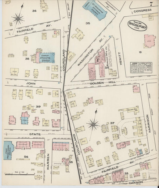 Sanborn Fire Insurance Map from Bridgeport, Fairfield County, Connecticut (1884), Sheet #0007 - Historic Sanborn Fire Insurance Map Print, vintage old map wall art, antique decor, genealogy gift, Connecticut Connecticut map