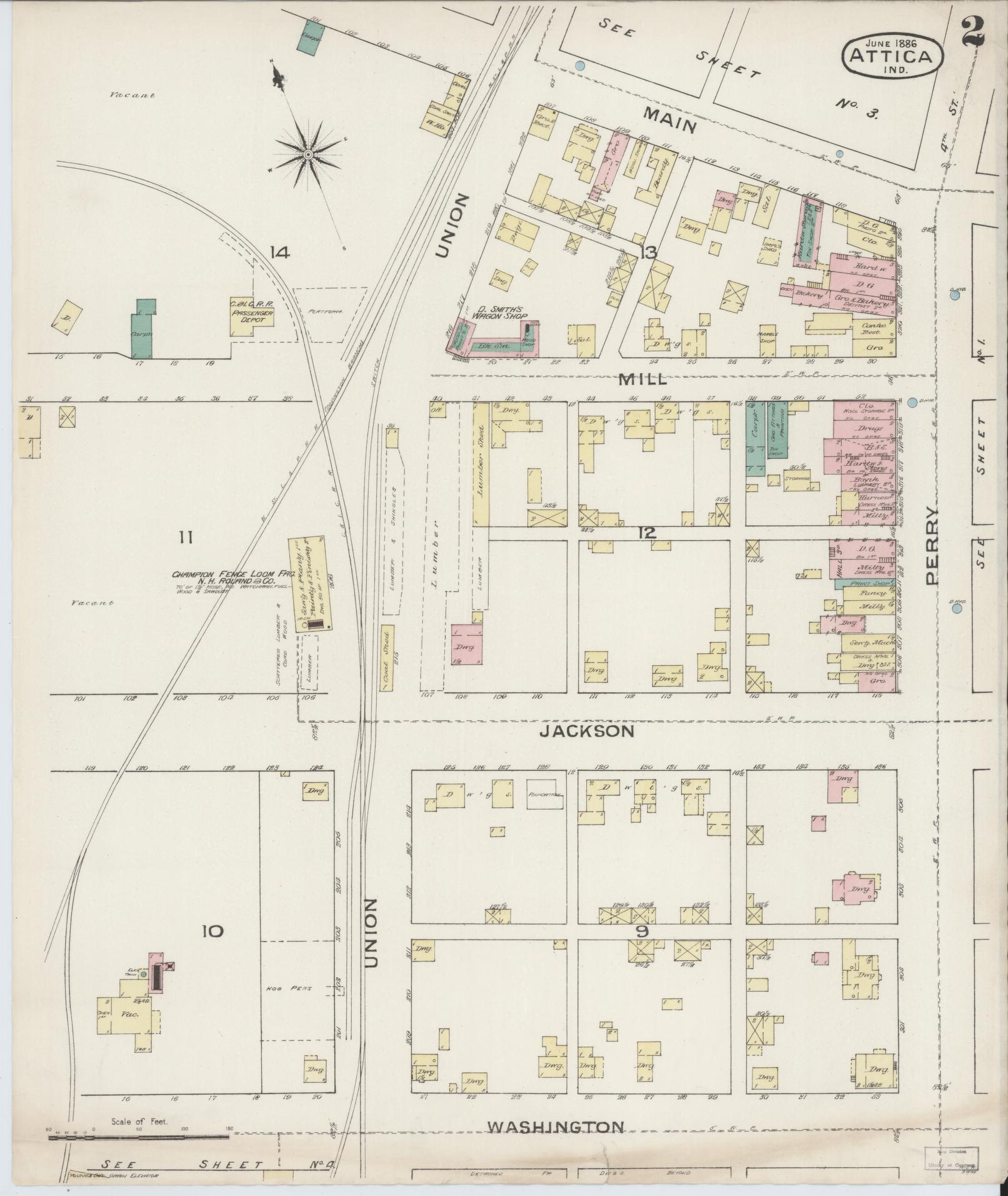 Sanborn Fire Insurance Map from Attica, Fountain County, Indiana (1886), Sheet #0002 - Complete Map Set gallery image, historic Sanborn map, vintage wall art, Indiana Indiana