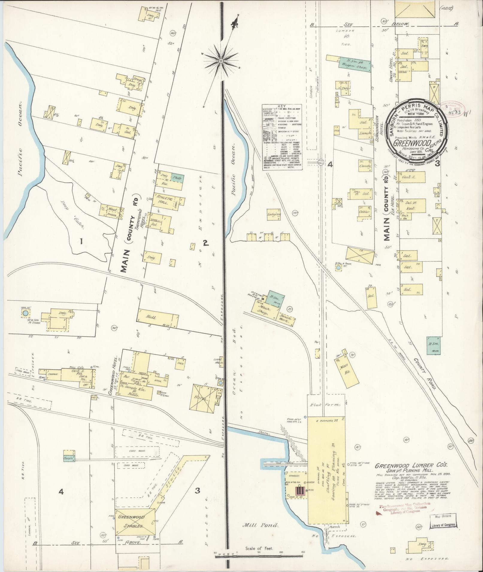 Sanborn Fire Insurance Map from Greenwood, Mendocino County, California (1891), Sheet #0001 - Historic Sanborn Fire Insurance Map Print, vintage old map wall art, antique decor, genealogy gift, California California map