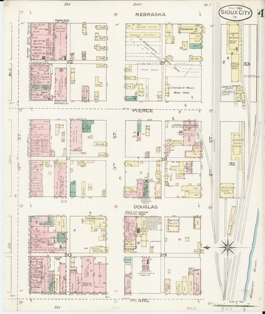 Sanborn Fire Insurance Map from Sioux City, Woodbury County, Iowa (1886), Sheet #0004 - Historic Sanborn Fire Insurance Map Print, vintage old map wall art