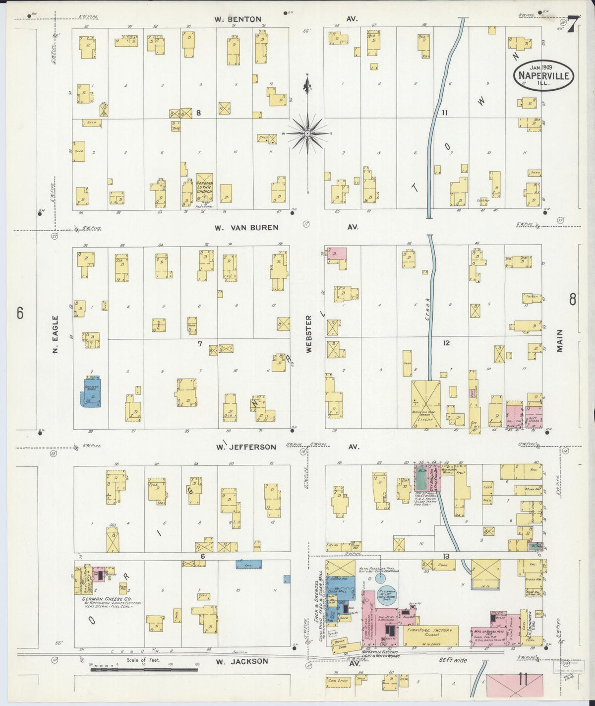 Sanborn Fire Insurance Map from Naperville, Du Page County, Illinois (1909), Sheet #0007 - Historic Sanborn Fire Insurance Map Print, vintage old map wall art, antique decor, genealogy gift, Illinois Illinois map