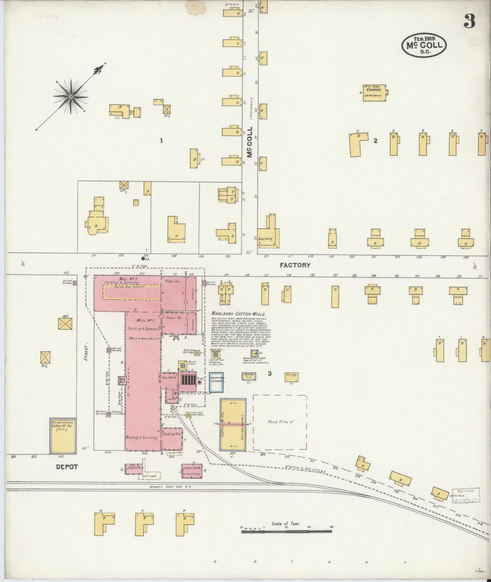 Sanborn Fire Insurance Map from McColl, Marlboro County, South Carolina (1905), Sheet #0003 - Historic Sanborn Fire Insurance Map Print, vintage old map wall art, antique decor, genealogy gift, South Carolina South Carolina map