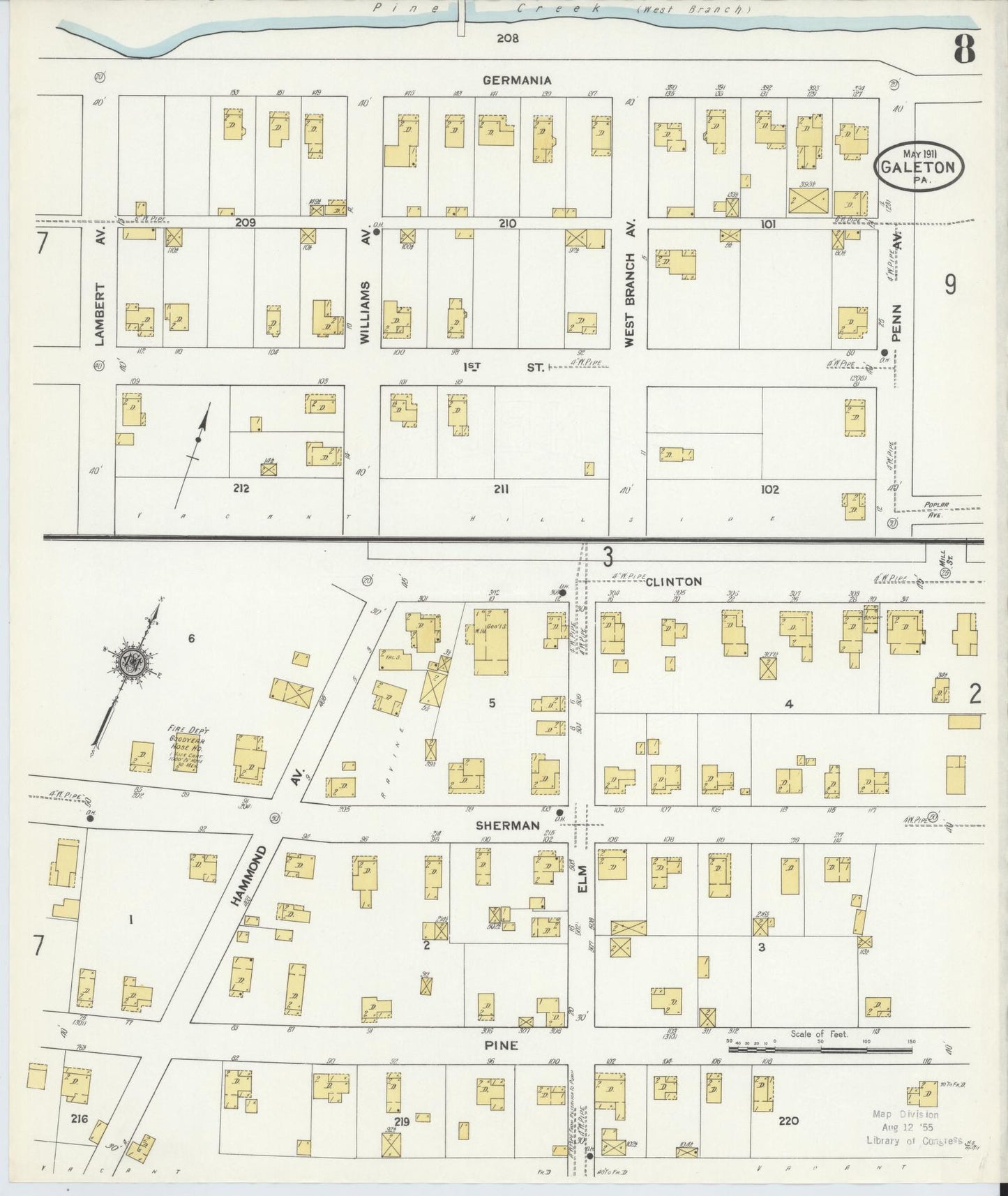 Sanborn Fire Insurance Map from Galeton, Potter County, Pennsylvania (1911), Sheet #0008 - Historic Sanborn Fire Insurance Map Print, vintage old map wall art, antique decor, genealogy gift, Pennsylvania Pennsylvania map