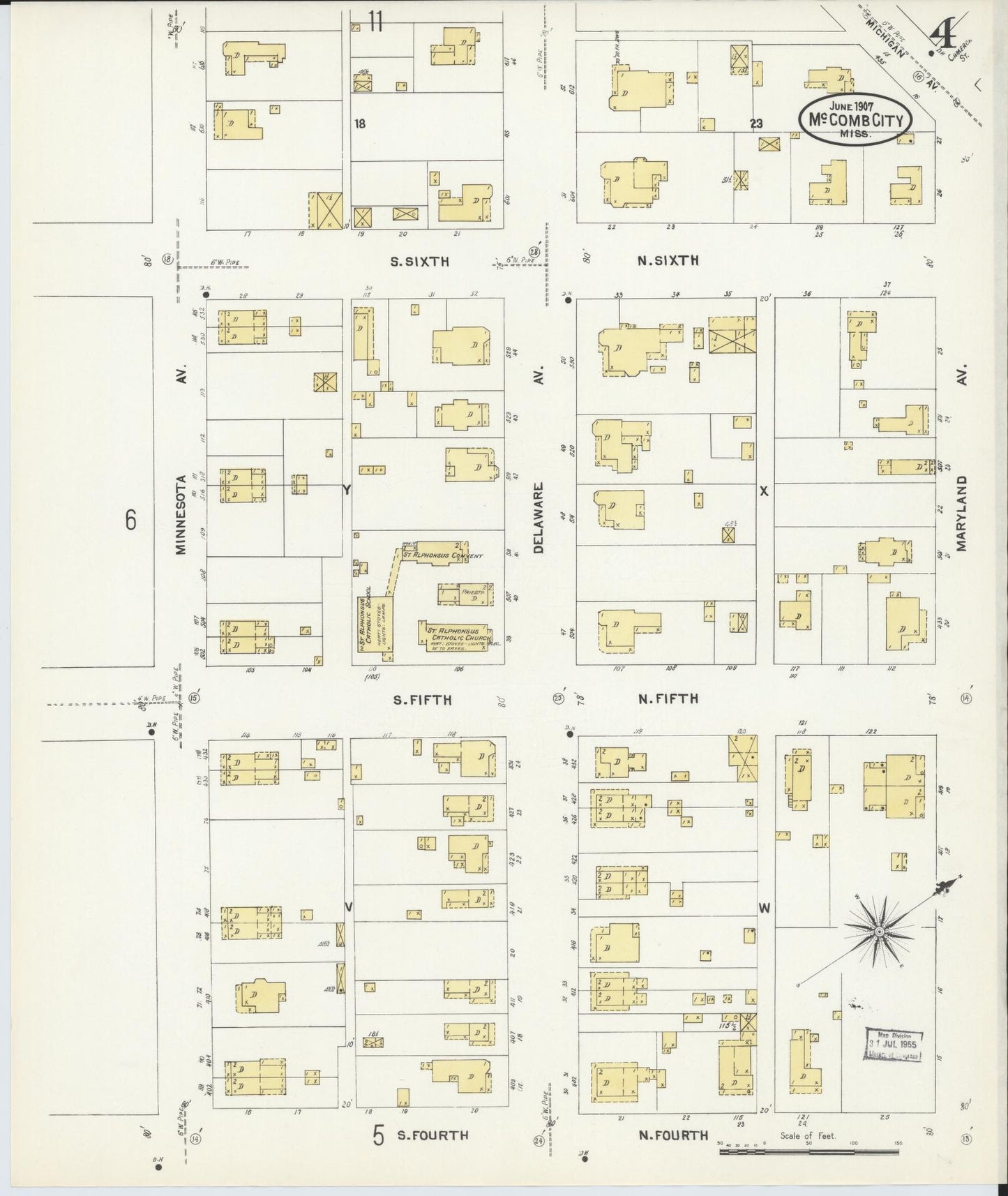 Sanborn Fire Insurance Map from McComb, Pike County, Mississippi (1907), Sheet #0004 - Historic Sanborn Fire Insurance Map Print, vintage old map wall art, antique decor, genealogy gift, Mississippi Mississippi map
