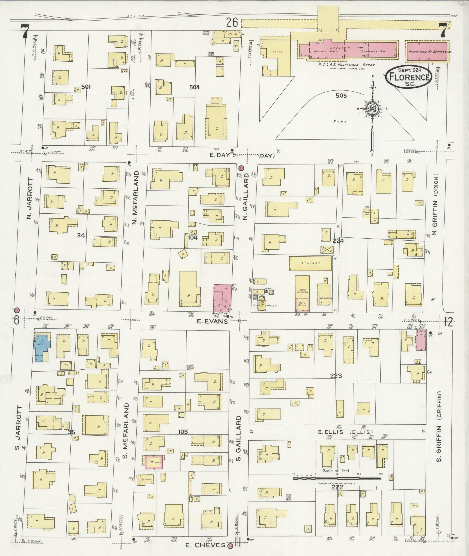 Sanborn Fire Insurance Map from Florence, Florence County, South Carolina (1924), Sheet #0007 - Complete Map Set gallery image, historic Sanborn map, vintage wall art, South Carolina South Carolina
