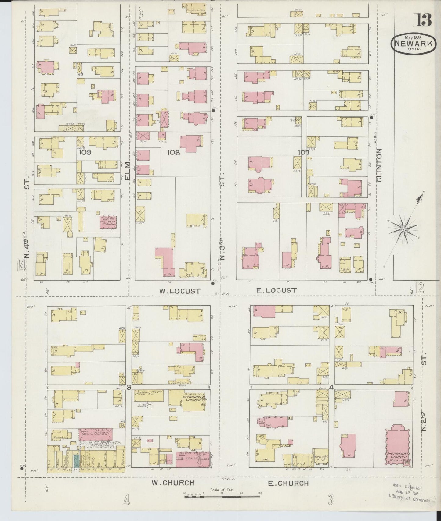 Sanborn Fire Insurance Map from Newark, Licking County, Ohio (1893), Sheet #0013 - Historic Sanborn Fire Insurance Map Print, vintage old map wall art, antique decor, genealogy gift, Ohio Ohio map