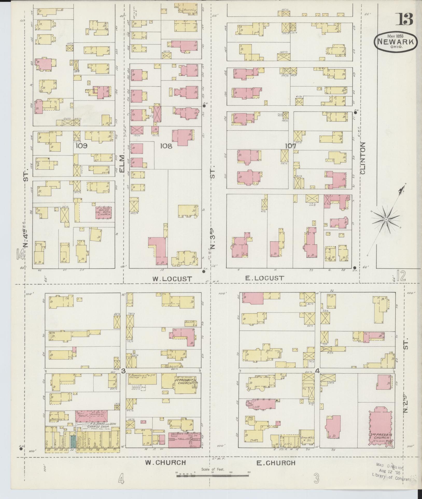 Sanborn Fire Insurance Map from Newark, Licking County, Ohio (1893), Sheet #0013 - Historic Sanborn Fire Insurance Map Print, vintage old map wall art, antique decor, genealogy gift, Ohio Ohio map