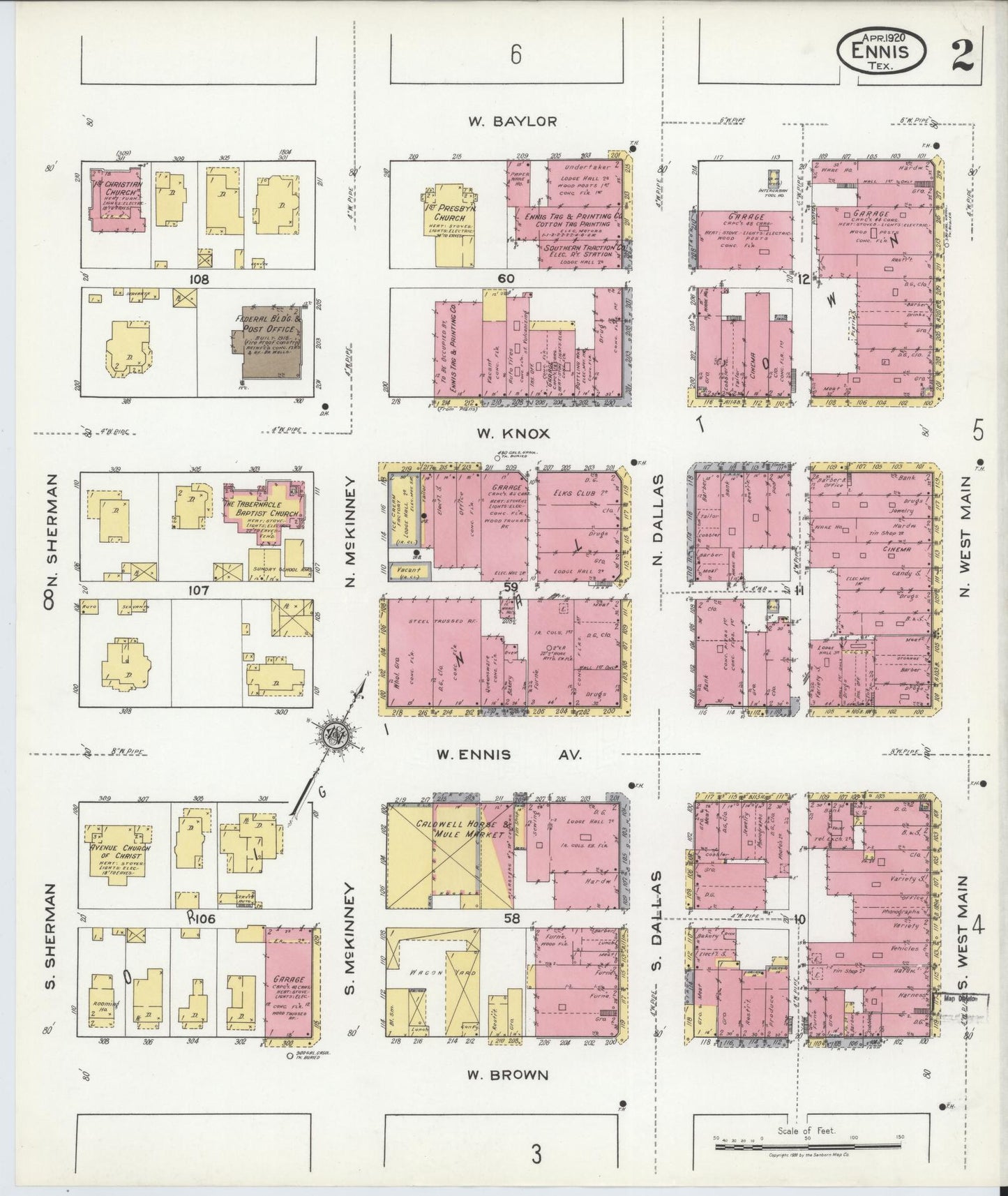 Sanborn Fire Insurance Map from Ennis, Ellis County, Texas (1920), Sheet #0002 - Complete Map Set gallery image, historic Sanborn map, vintage wall art, Texas Texas