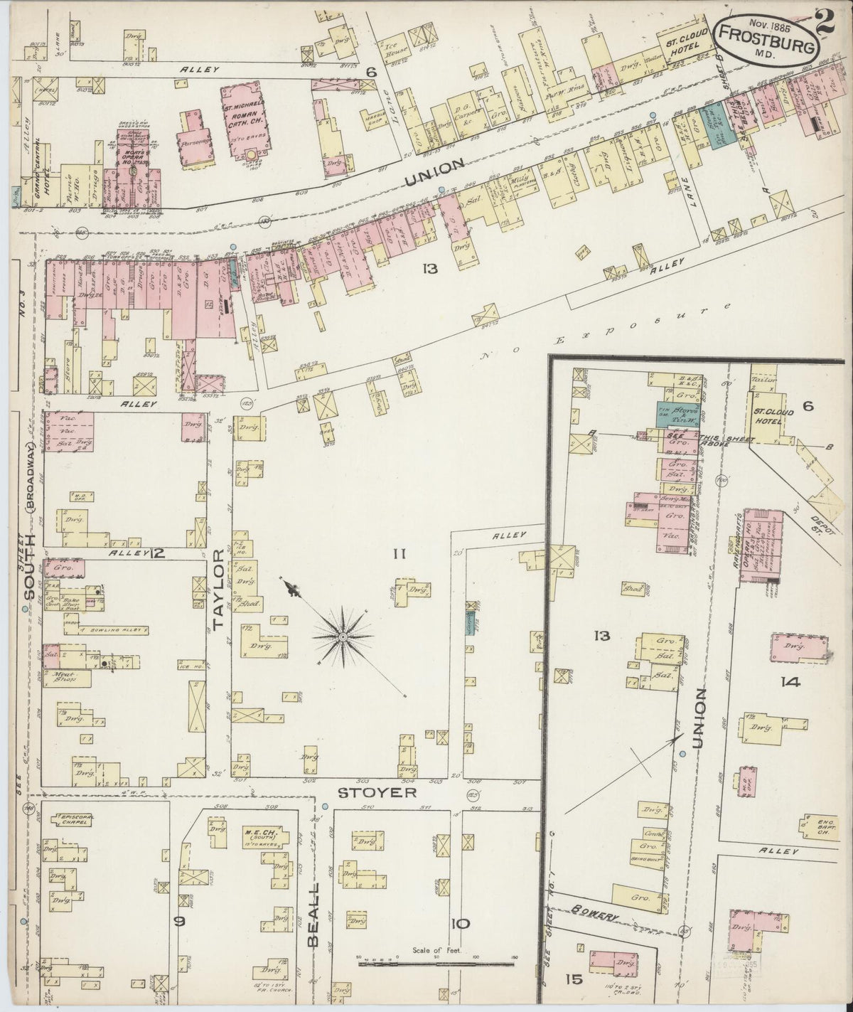 Sanborn Fire Insurance Map from Frostburg, Allegany County, Maryland (1885), Sheet #0002 - Historic Sanborn Fire Insurance Map Print, vintage old map wall art, antique decor, genealogy gift, Maryland Maryland map