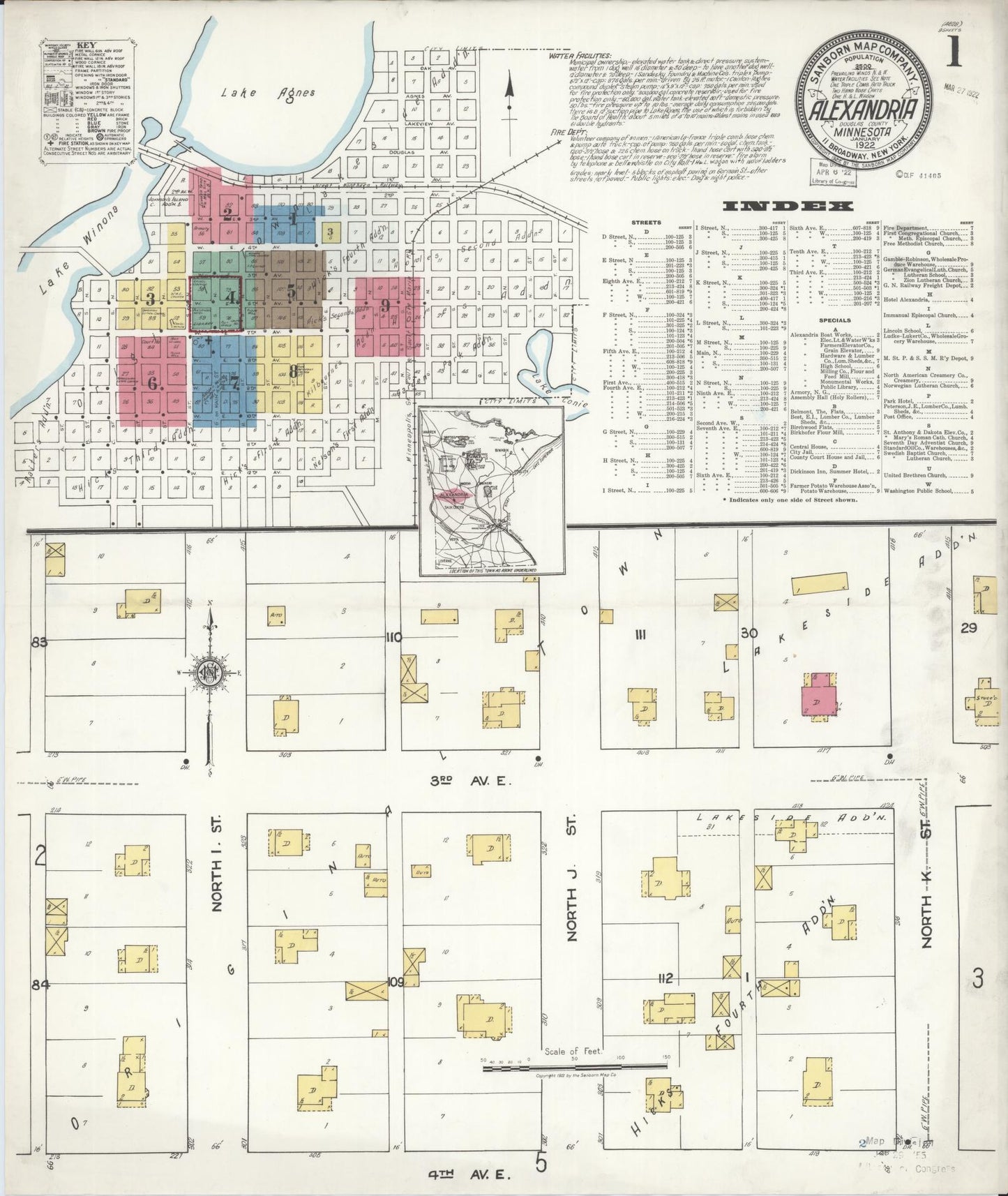 Sanborn Fire Insurance Map from Alexandria, Douglas County, Minnesota (1922), Sheet #0001 - Historic Sanborn Fire Insurance Map Print, vintage old map wall art, antique decor, genealogy gift, Minnesota Minnesota map